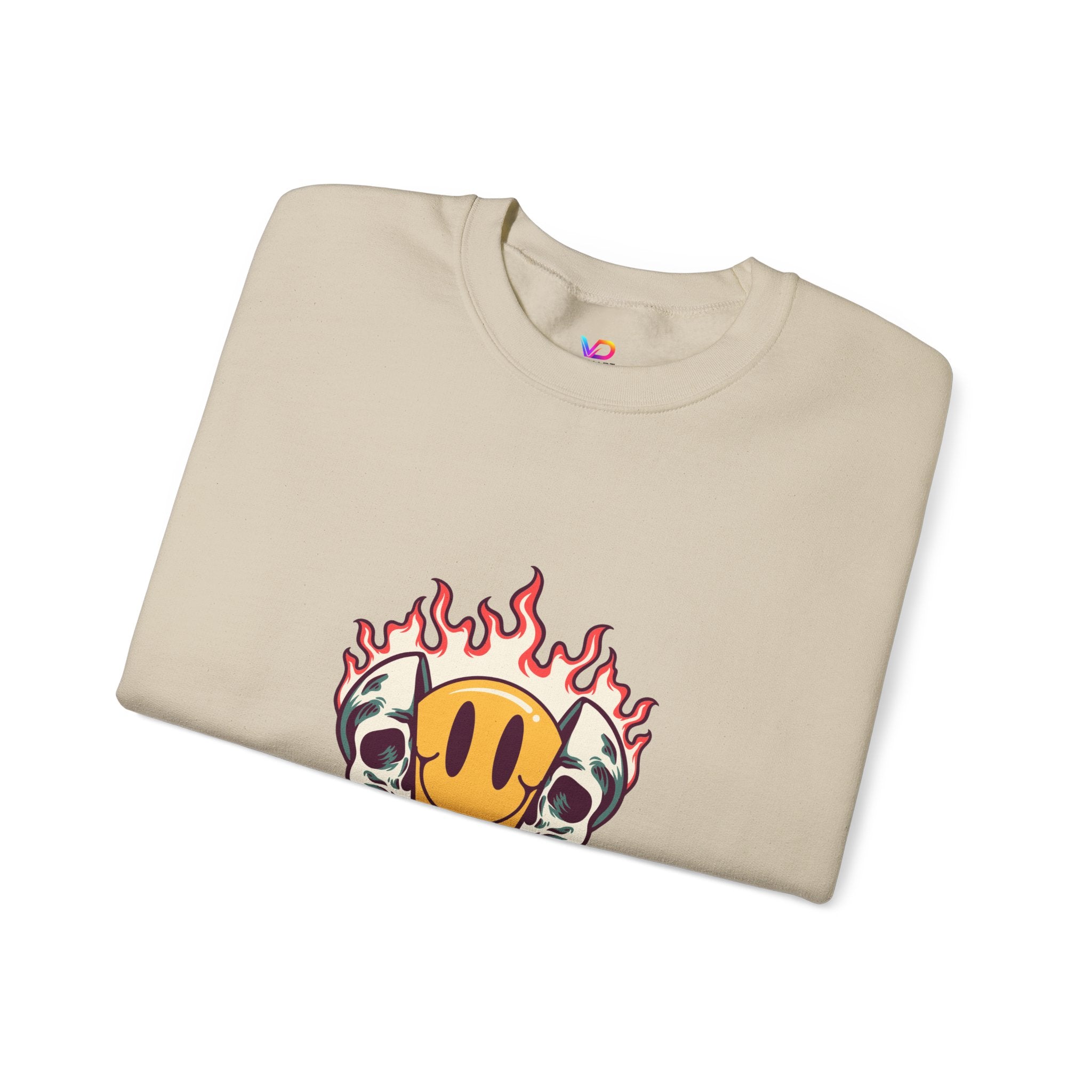 Crewneck Sweatshirt — “Challenges Build Inner Strength” Flame Smile Graphic