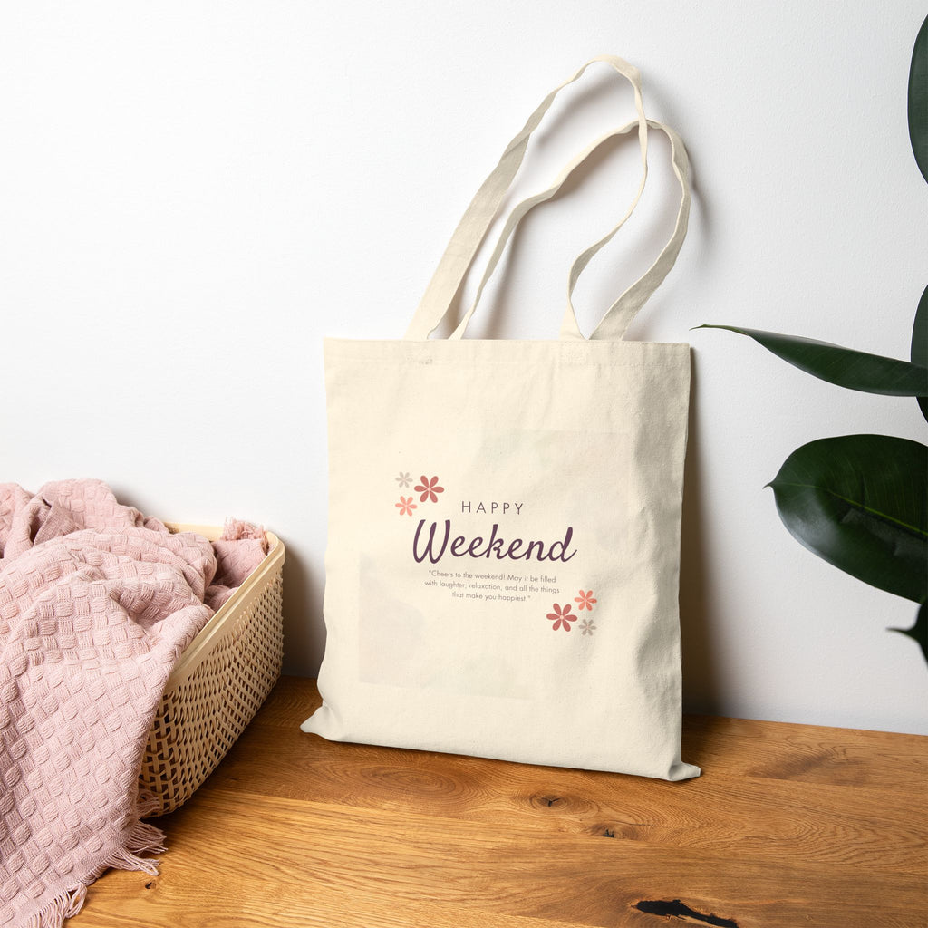 Happy Weekend Canvas Tote Bag — Floral Cotton Market Bag