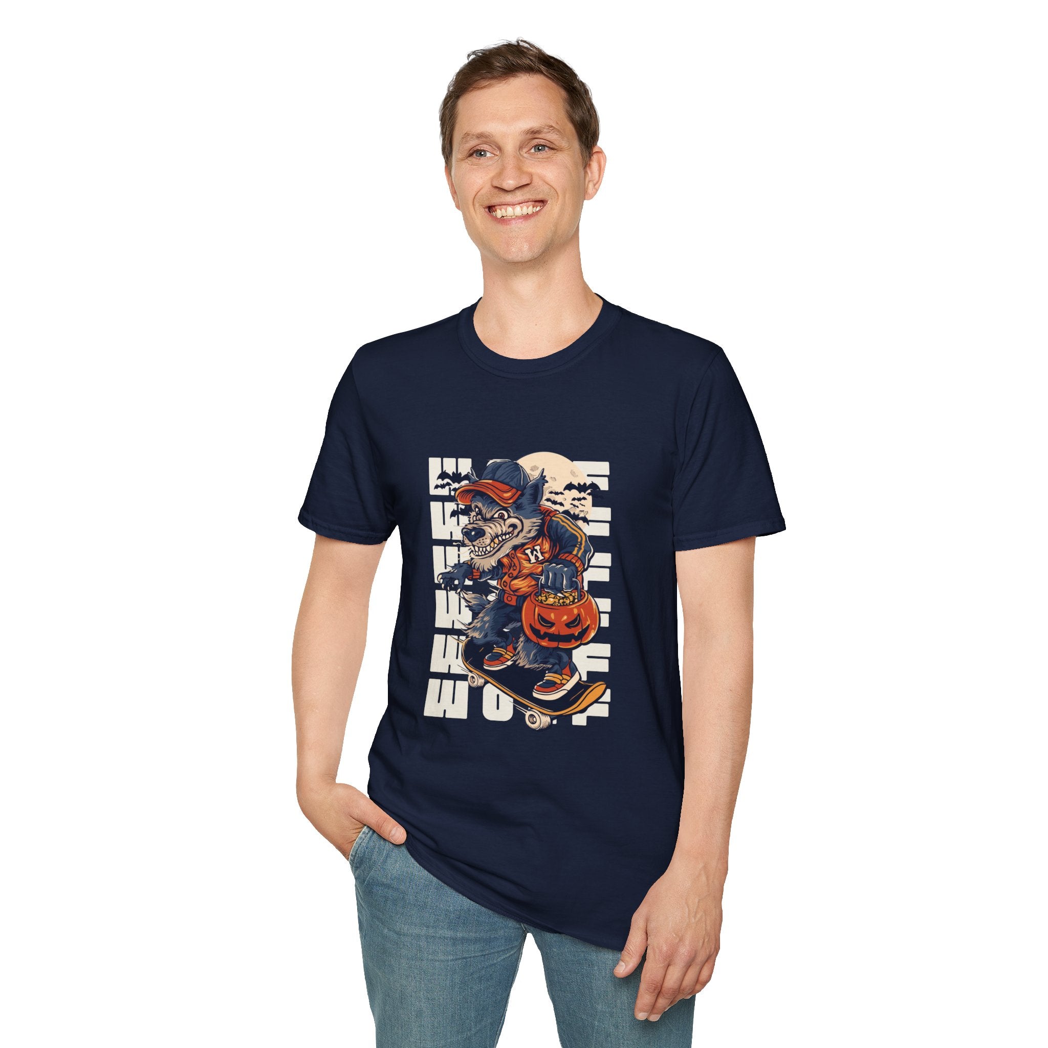 Halloween Skateboarder Skeleton T-Shirt — Spooky Pumpkin & Bats Graphic Tee