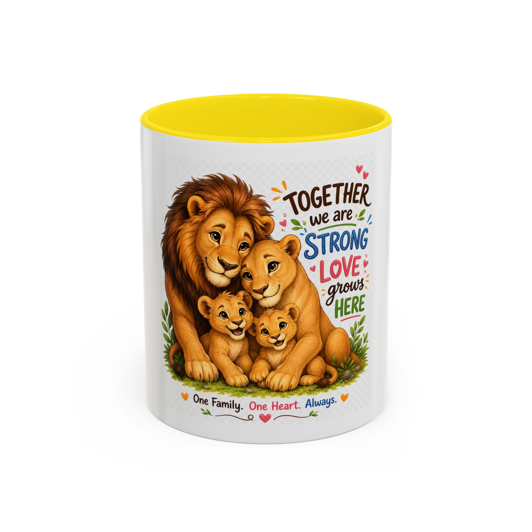Family Lion Coffee Mug — "Together We Are Strong, Love Grows Here" Accent Mug