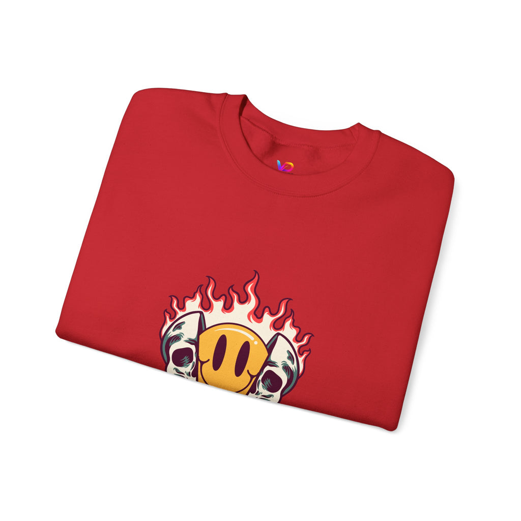 Crewneck Sweatshirt — “Challenges Build Inner Strength” Flame Smile Graphic
