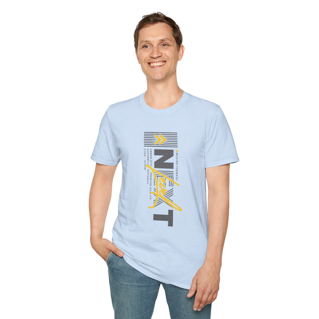 Vertical 'NEXT' Graphic T‑Shirt — Modern Yellow & Gray Streetwear Tee