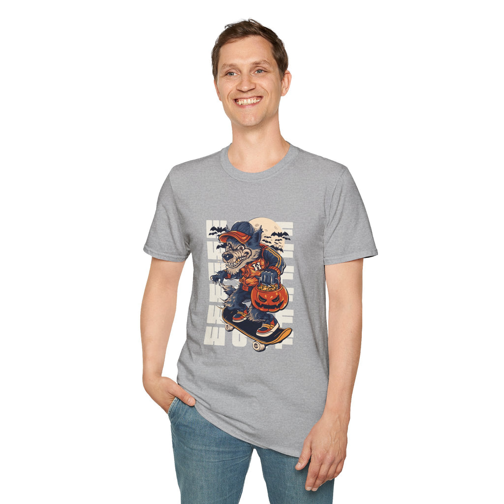 Halloween Skateboarder Skeleton T-Shirt — Spooky Pumpkin & Bats Graphic Tee