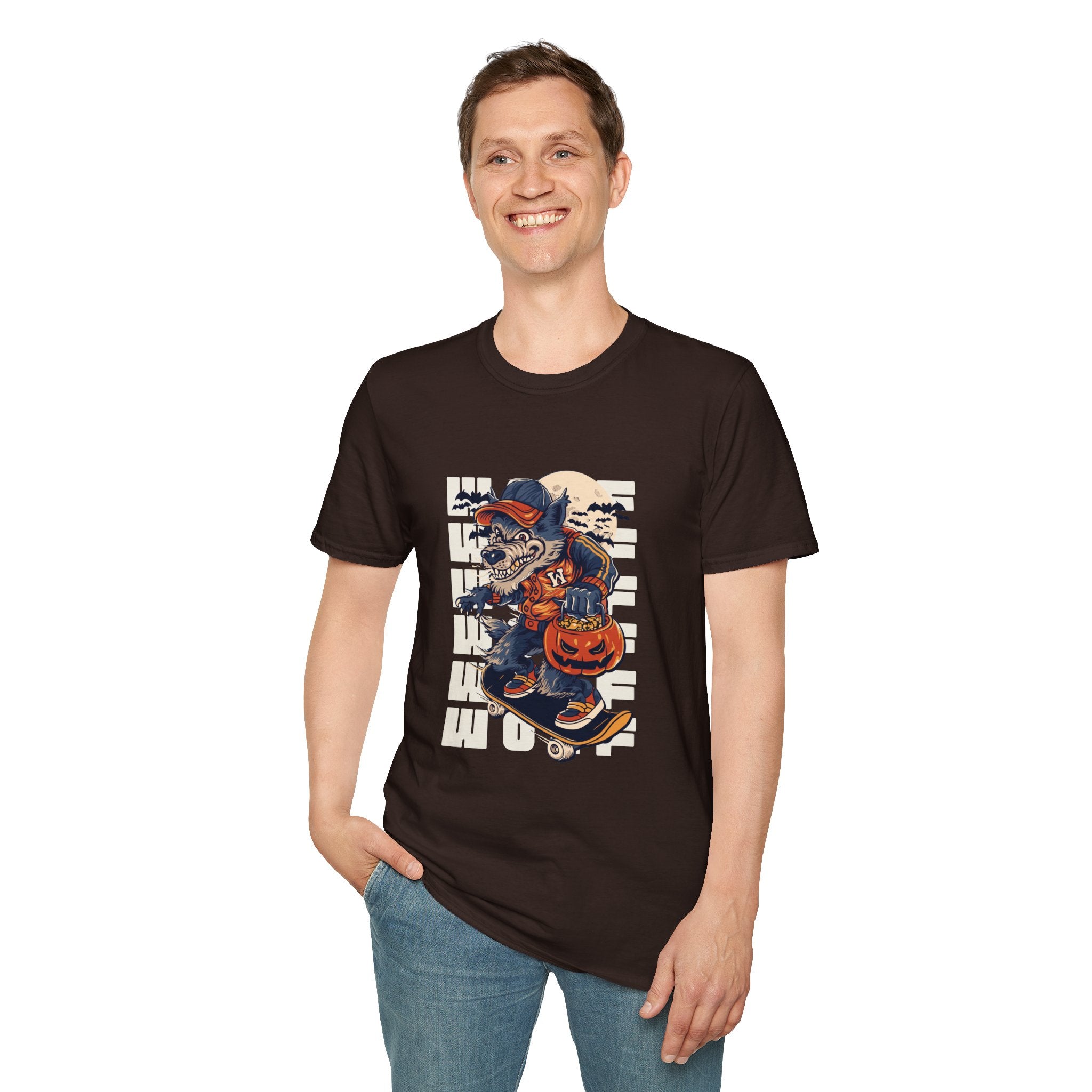 Halloween Skateboarder Skeleton T-Shirt — Spooky Pumpkin & Bats Graphic Tee