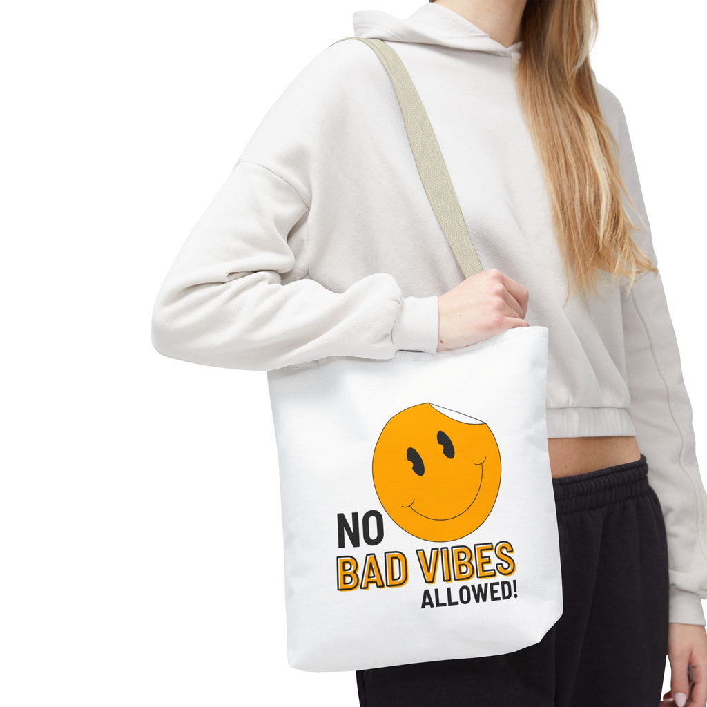 No Bad Vibes Tote Bag — Positive Smiley Reusable Beach & Grocery Bag
