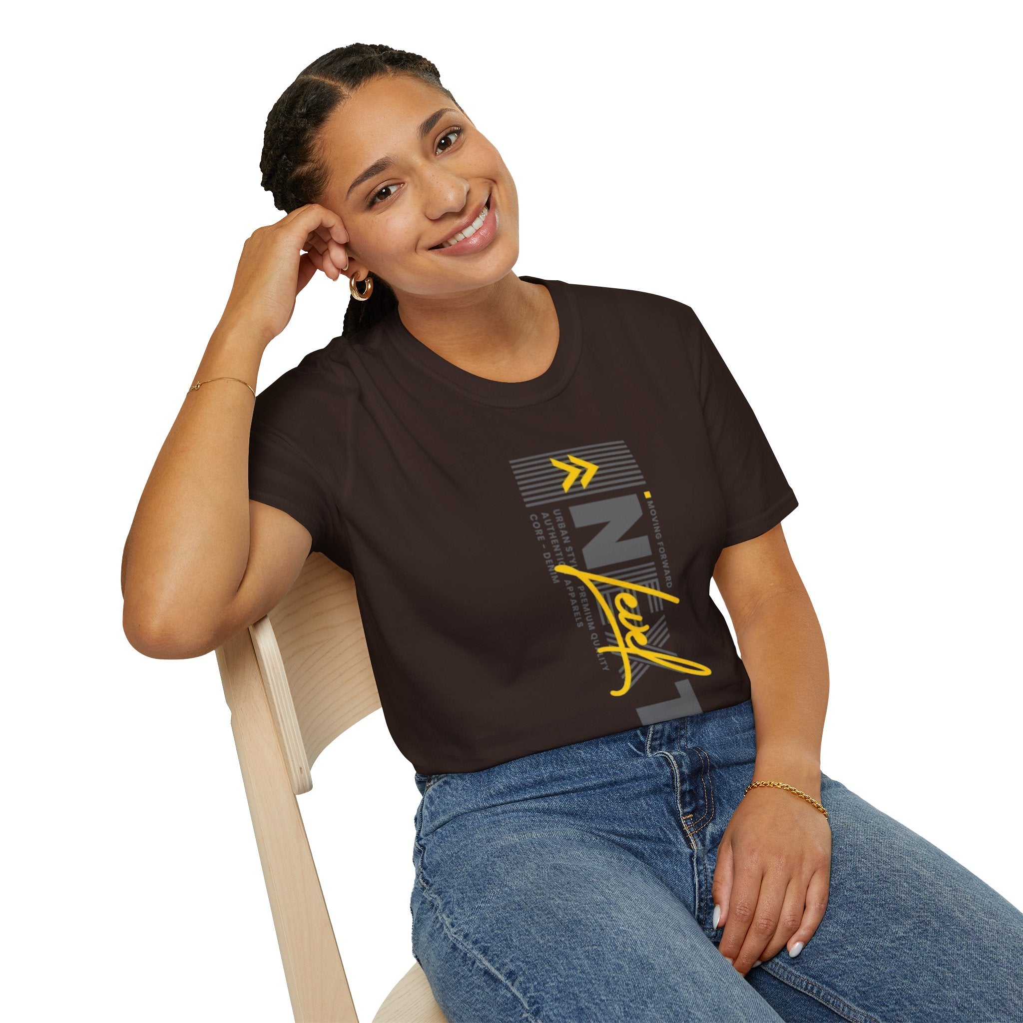 Vertical 'NEXT' Graphic T‑Shirt — Modern Yellow & Gray Streetwear Tee