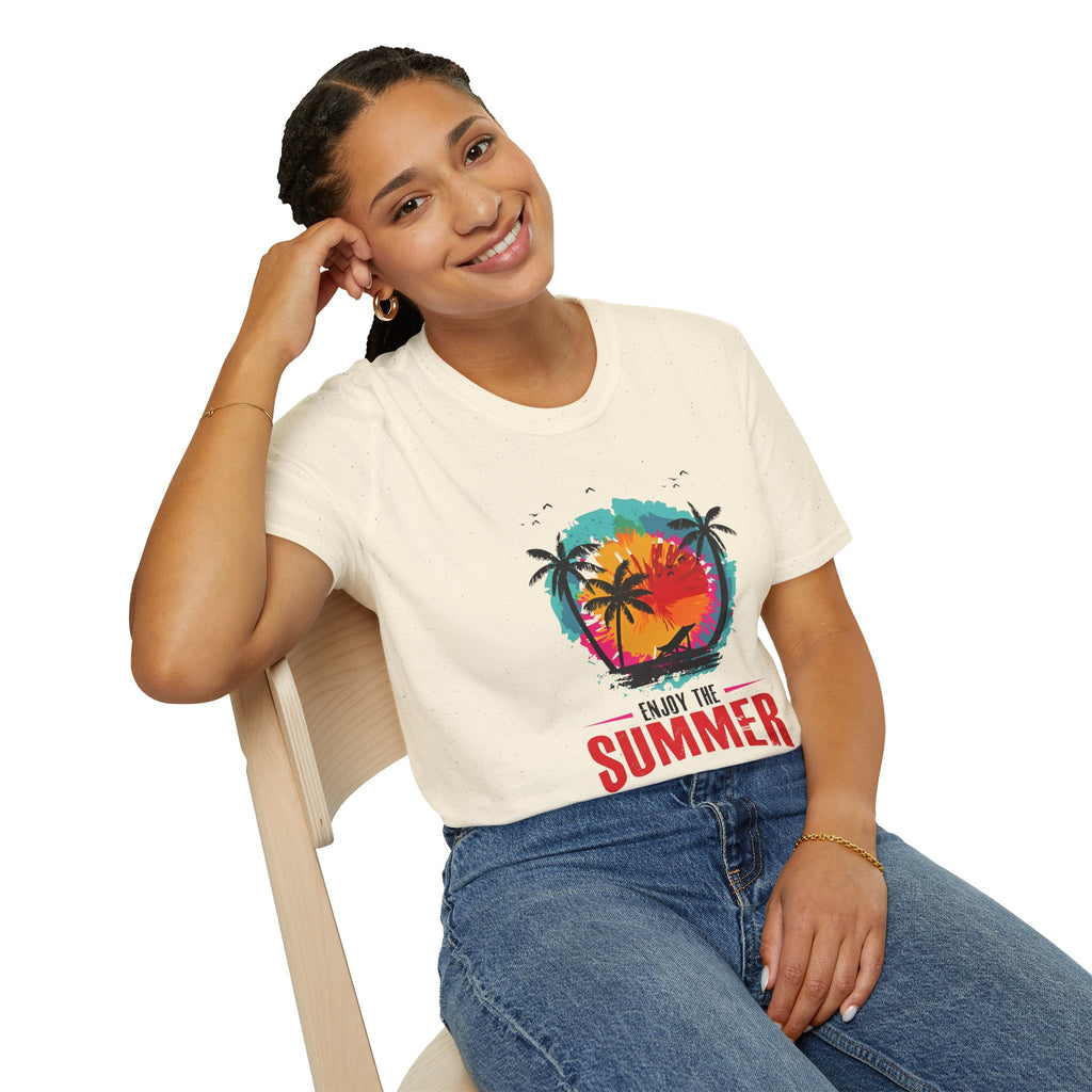 Summer Vibes T-Shirt — "Enjoy the Summer" Tropical Palm Sunset Tee