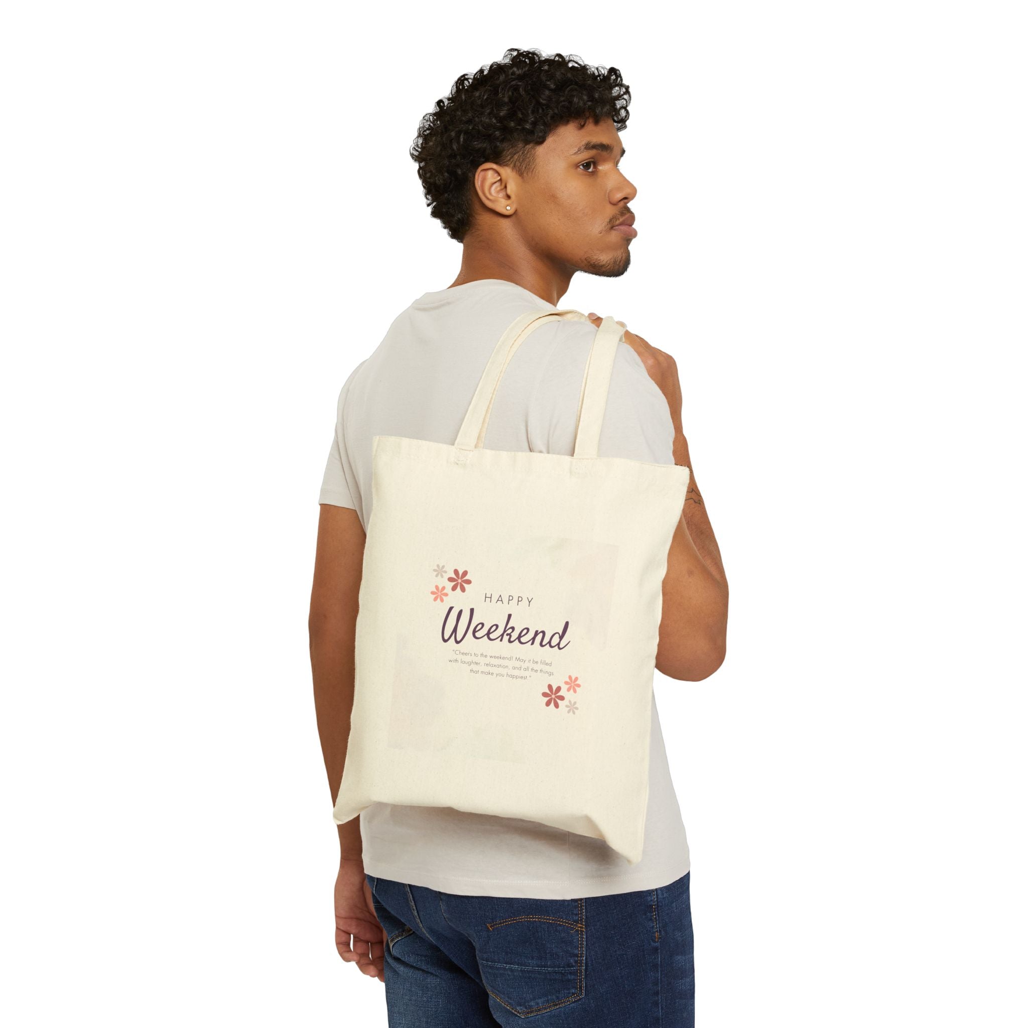 Happy Weekend Canvas Tote Bag — Floral Cotton Market Bag