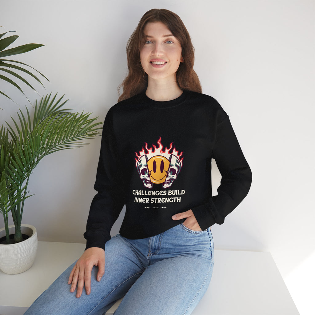 Crewneck Sweatshirt — “Challenges Build Inner Strength” Flame Smile Graphic