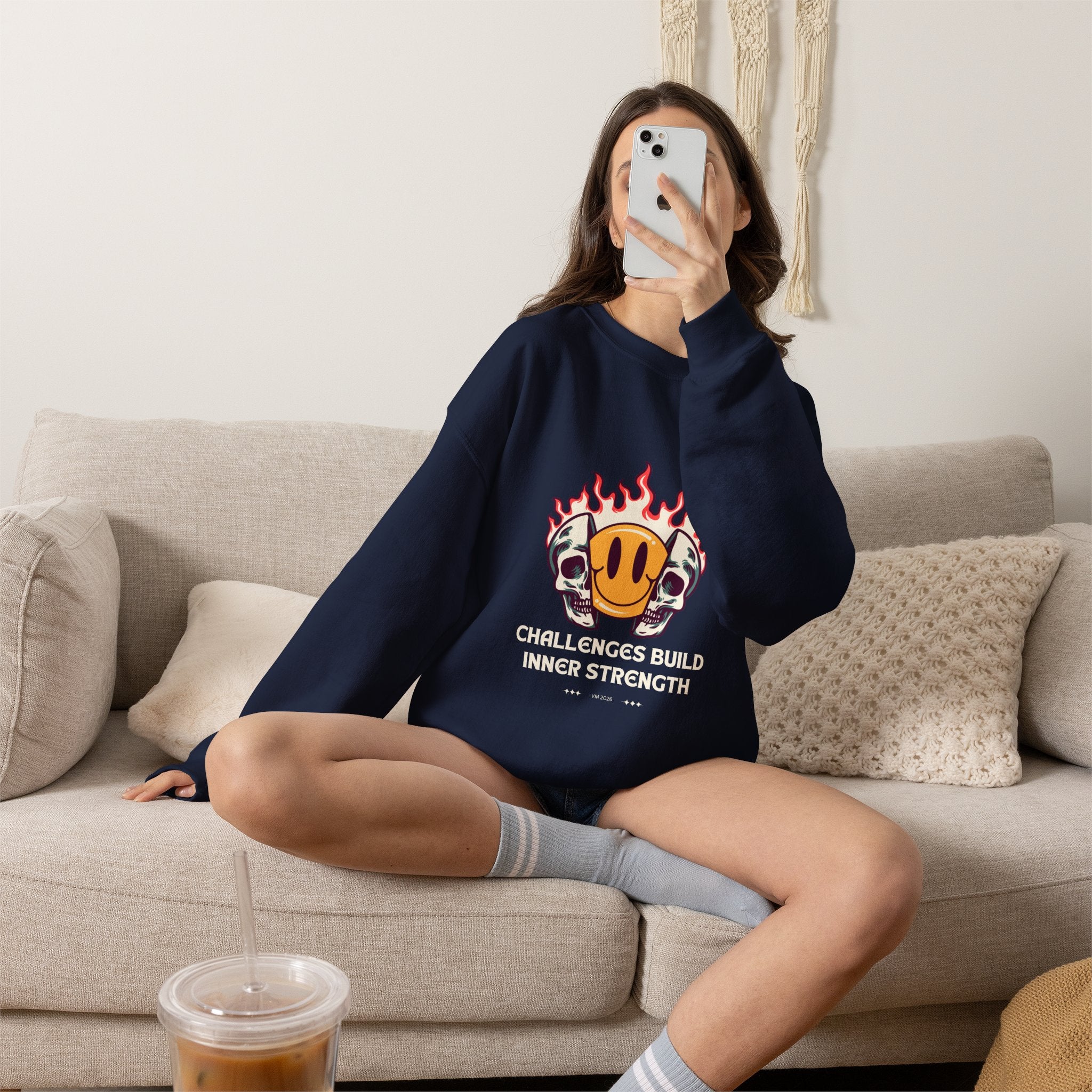 Crewneck Sweatshirt — “Challenges Build Inner Strength” Flame Smile Graphic