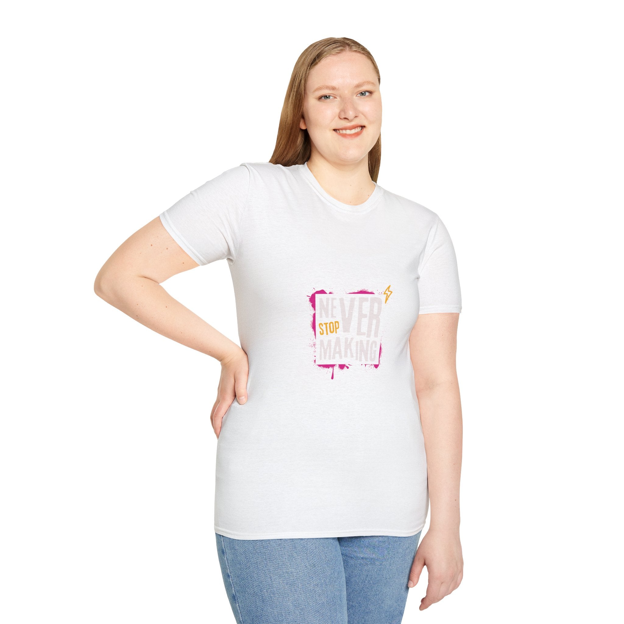 T-Shirt — "Never Stop Dreaming" Graphic Tee (Pink Brushstroke Lightning)