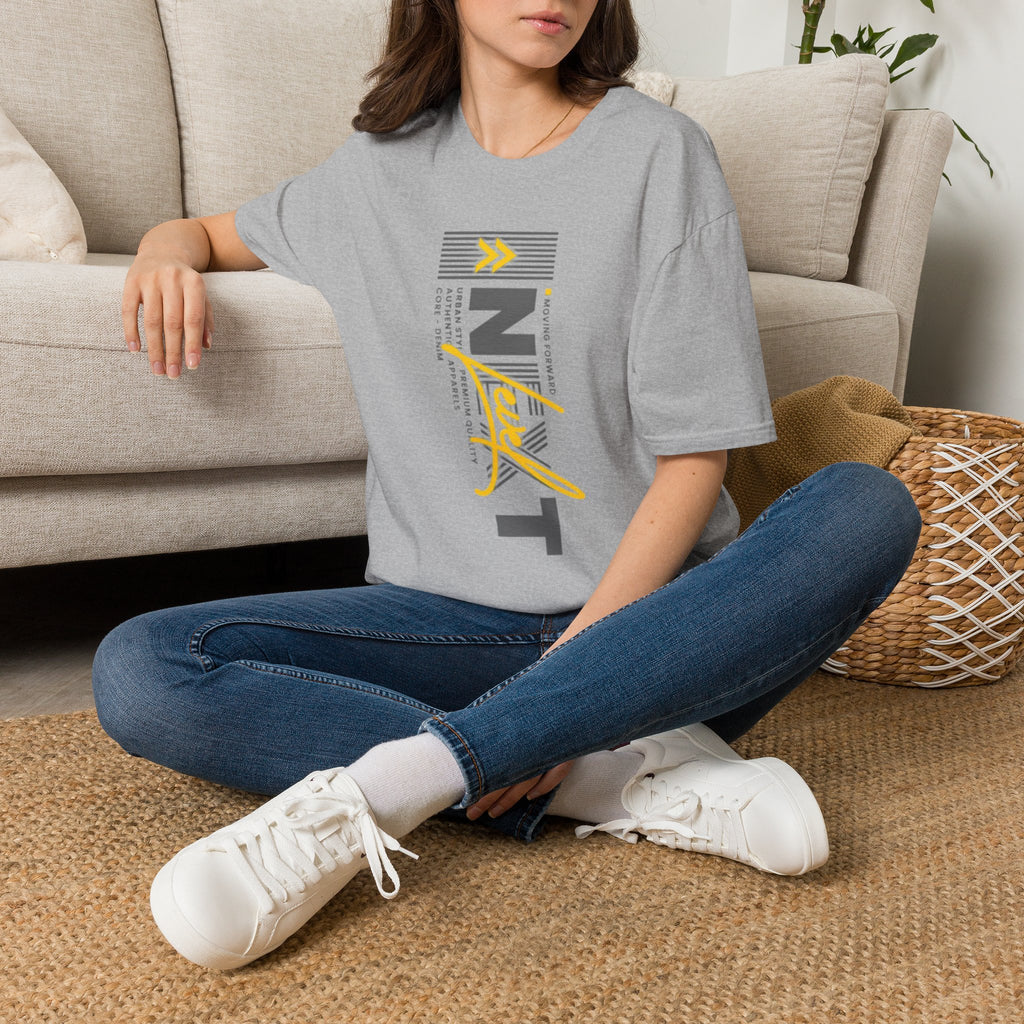 Vertical 'NEXT' Graphic T‑Shirt — Modern Yellow & Gray Streetwear Tee