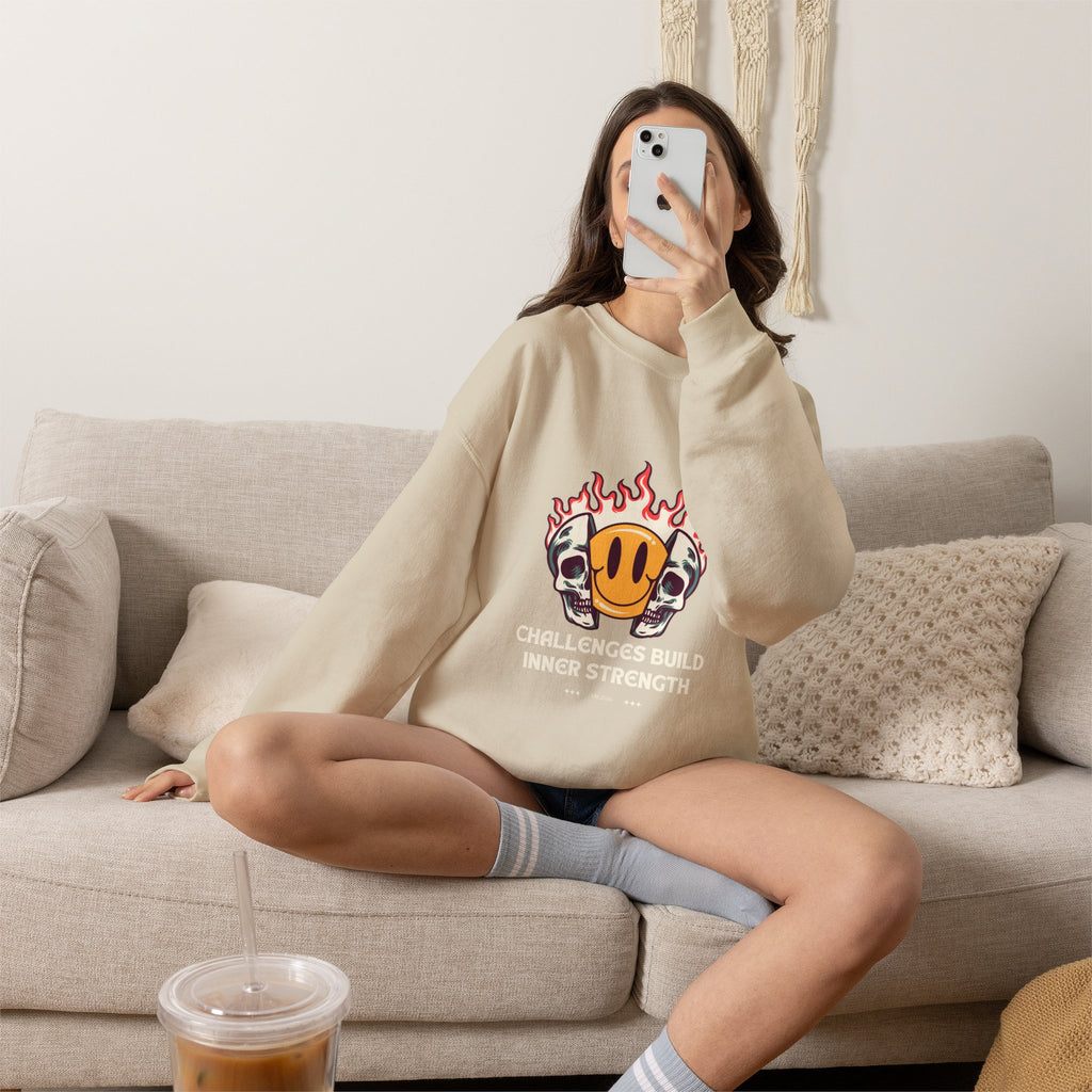 Crewneck Sweatshirt — “Challenges Build Inner Strength” Flame Smile Graphic