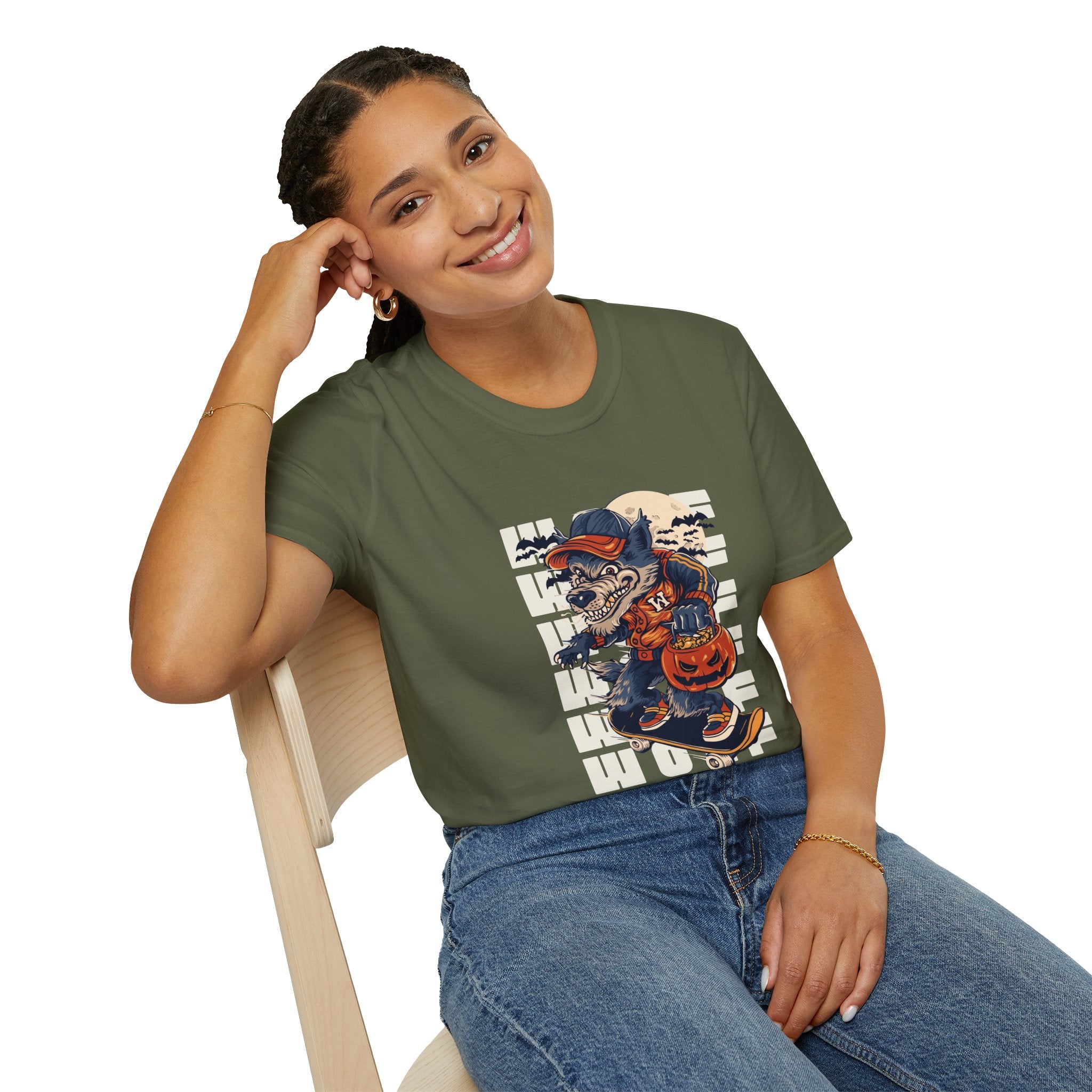 Halloween Skateboarder Skeleton T-Shirt — Spooky Pumpkin & Bats Graphic Tee