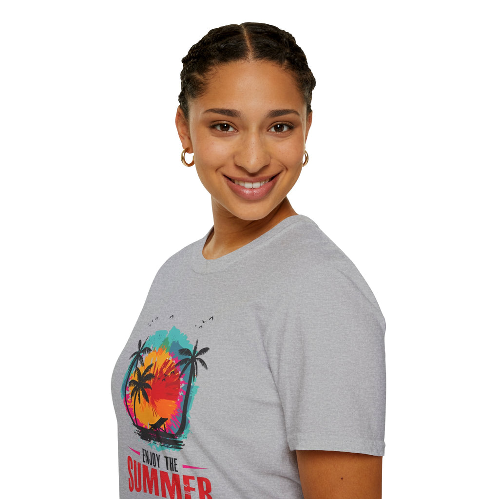 Summer Vibes T-Shirt — "Enjoy the Summer" Tropical Palm Sunset Tee