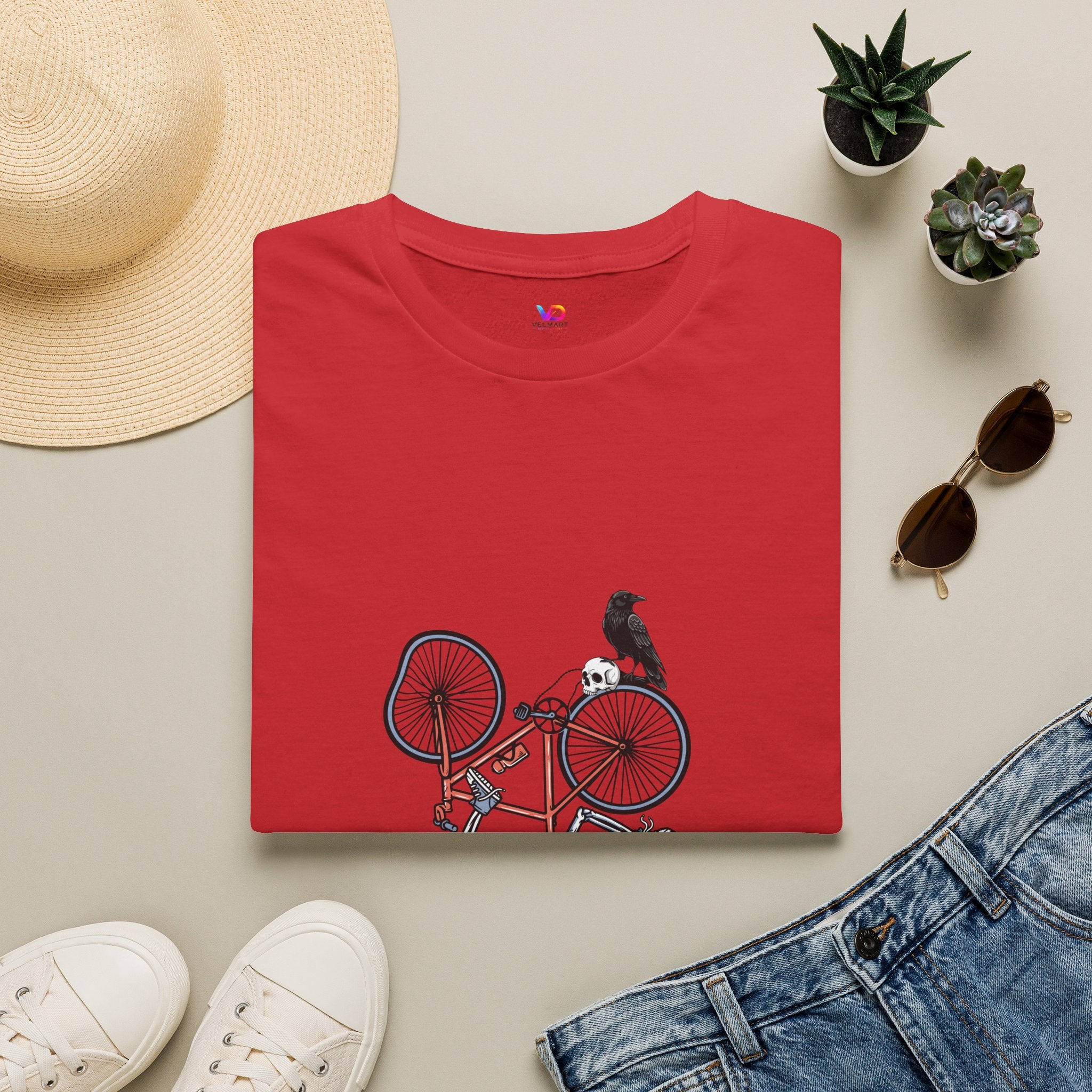 T-Shirt — Vintage Bike Crash Illustration with Crow (whimsical urban cycling tee)