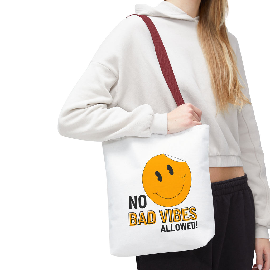 No Bad Vibes Tote Bag — Positive Smiley Reusable Beach & Grocery Bag