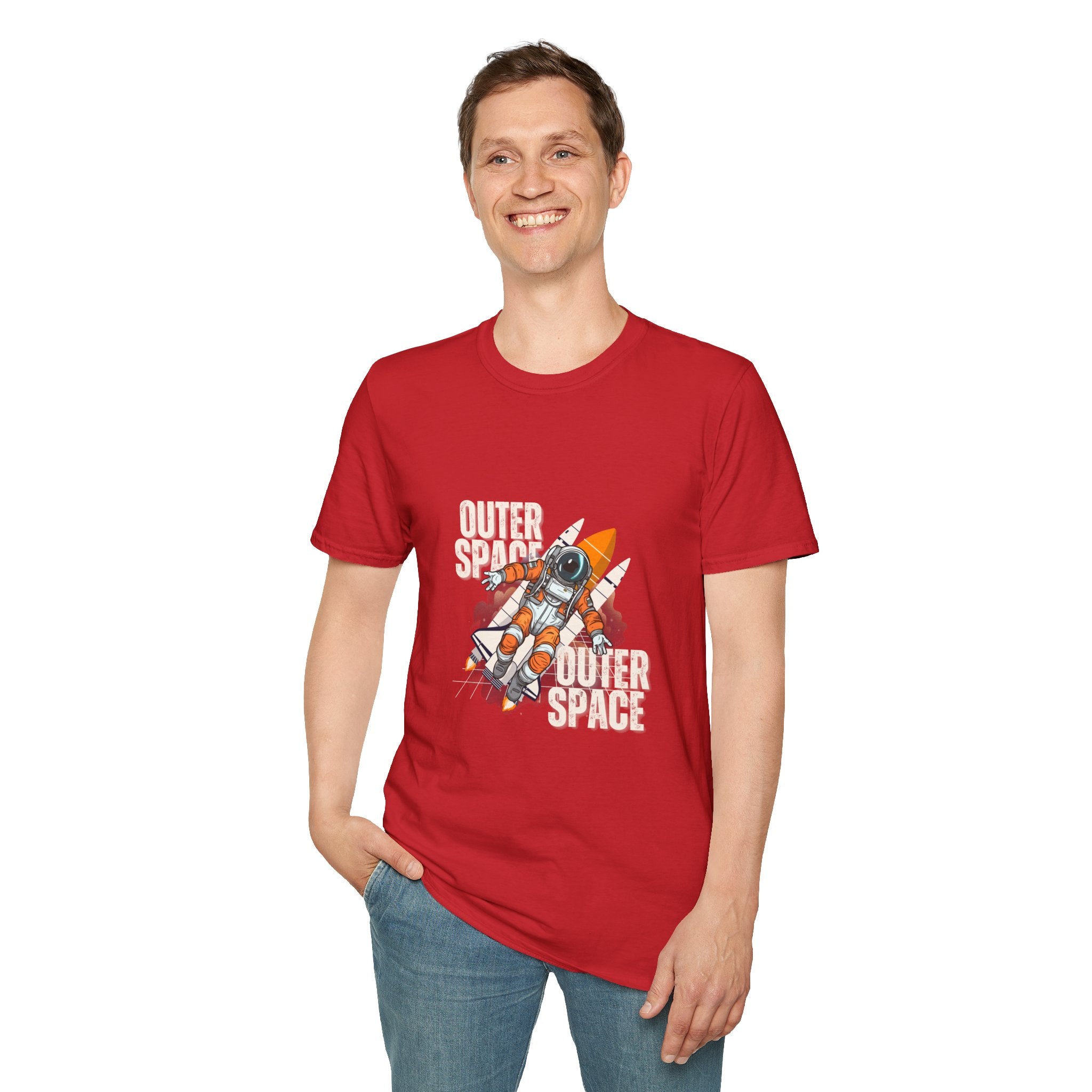Outer Space Rocket Astronaut Tee — Retro Orange Space Shuttle T-Shirt