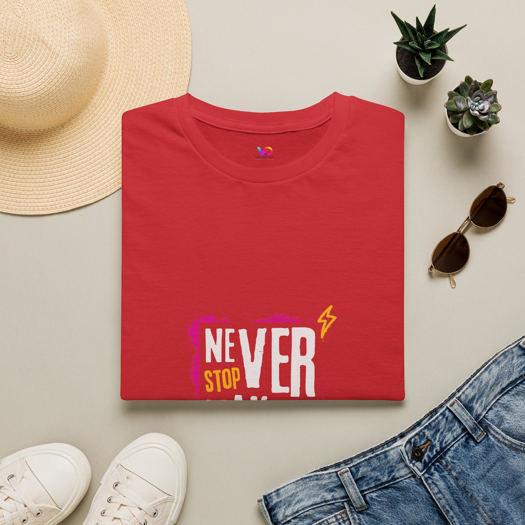 T-Shirt — "Never Stop Dreaming" Graphic Tee (Pink Brushstroke Lightning)