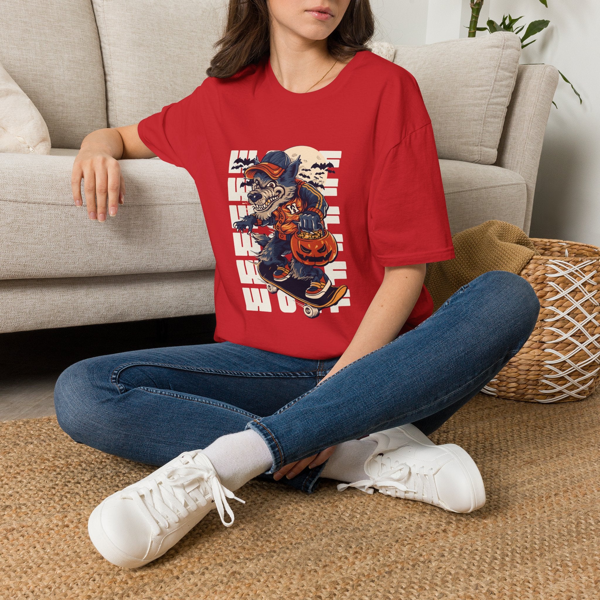Halloween Skateboarder Skeleton T-Shirt — Spooky Pumpkin & Bats Graphic Tee