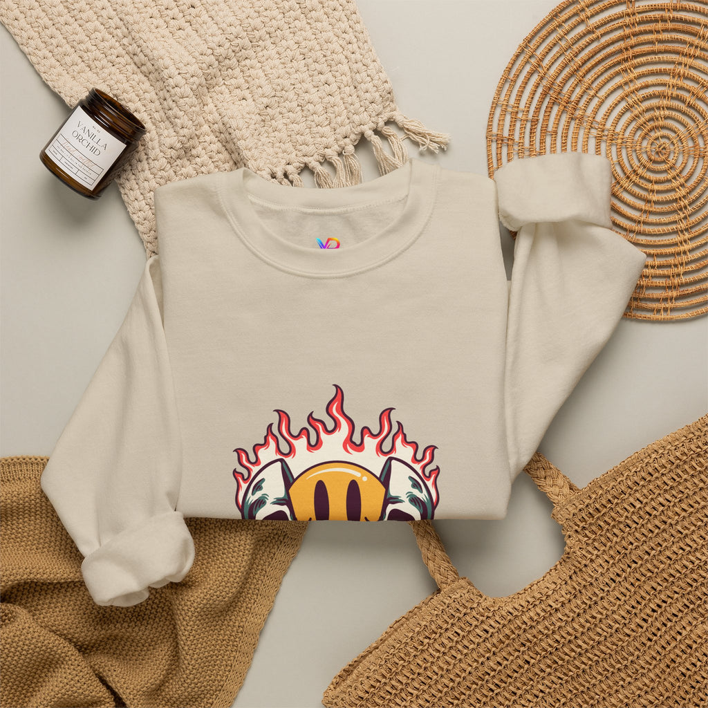 Crewneck Sweatshirt — “Challenges Build Inner Strength” Flame Smile Graphic