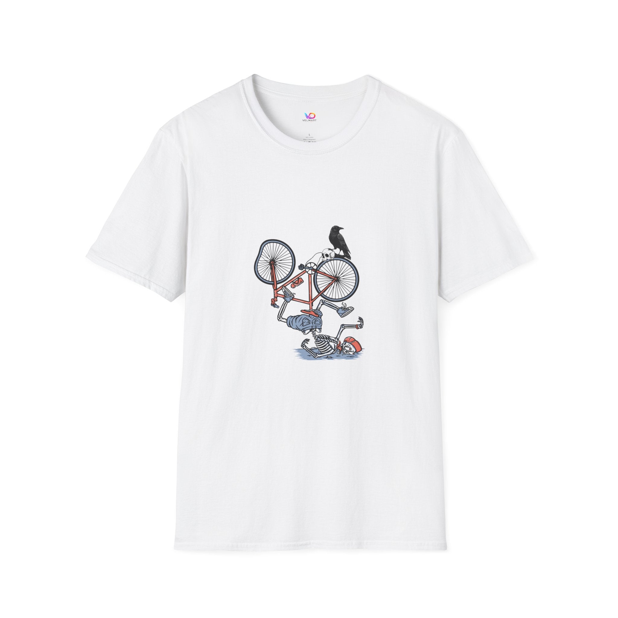T-Shirt — Vintage Bike Crash Illustration with Crow (whimsical urban cycling tee)