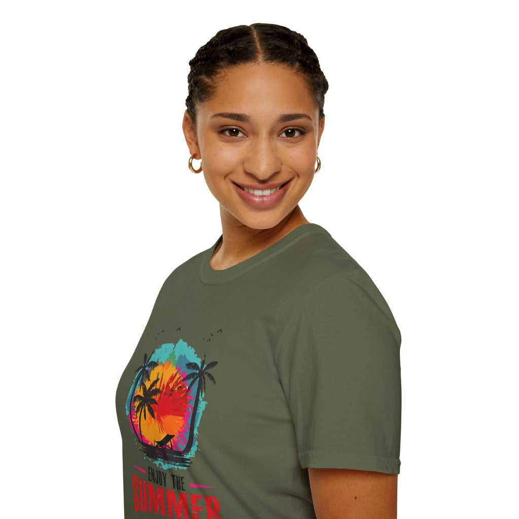 Summer Vibes T-Shirt — "Enjoy the Summer" Tropical Palm Sunset Tee