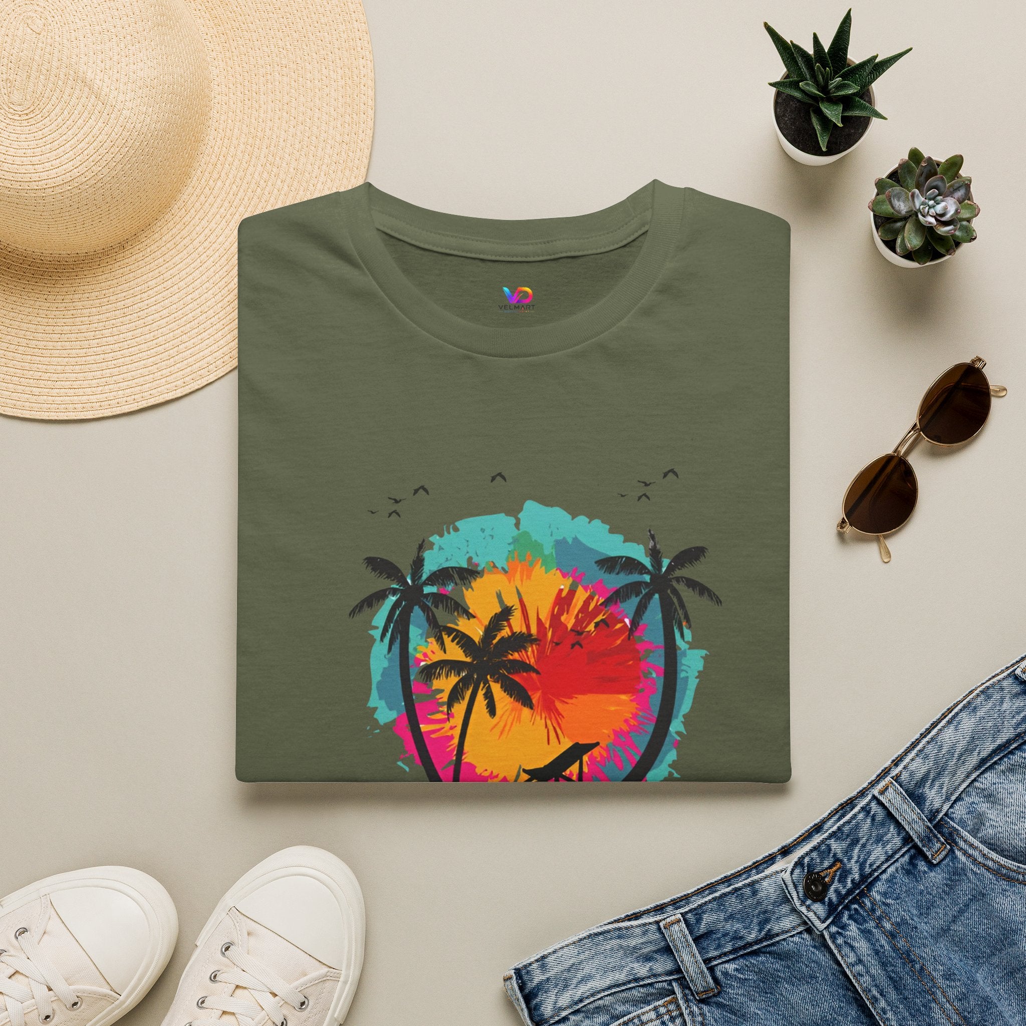 Summer Vibes T-Shirt — "Enjoy the Summer" Tropical Palm Sunset Tee