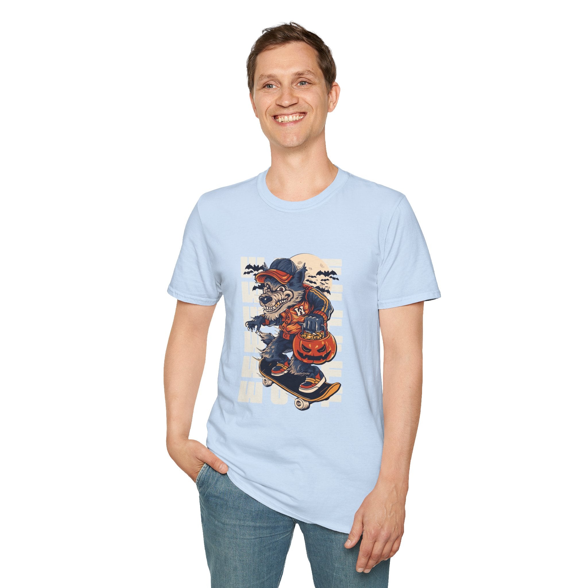 Halloween Skateboarder Skeleton T-Shirt — Spooky Pumpkin & Bats Graphic Tee
