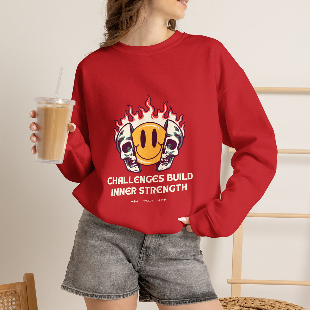 Crewneck Sweatshirt — “Challenges Build Inner Strength” Flame Smile Graphic