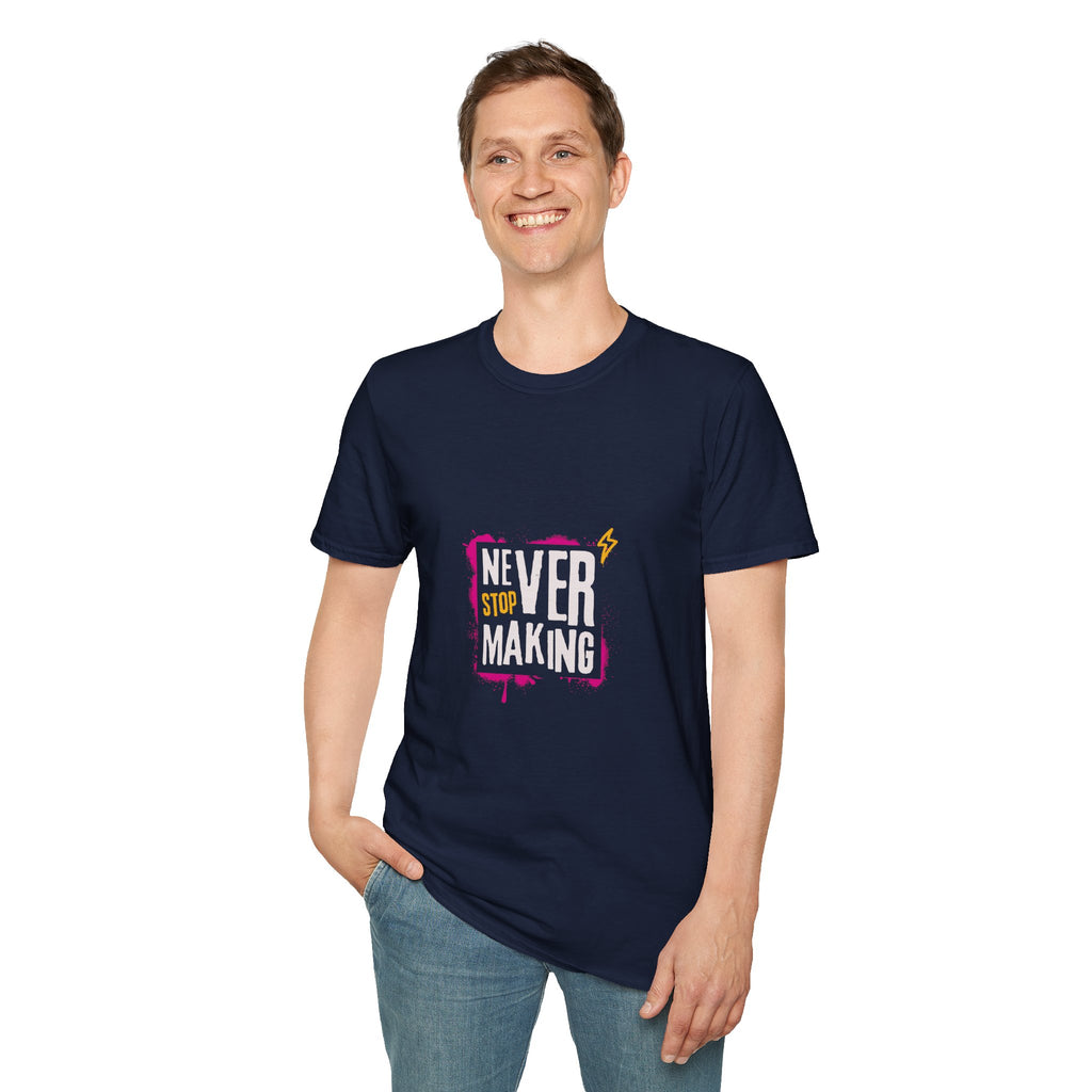 T-Shirt — "Never Stop Dreaming" Graphic Tee (Pink Brushstroke Lightning)