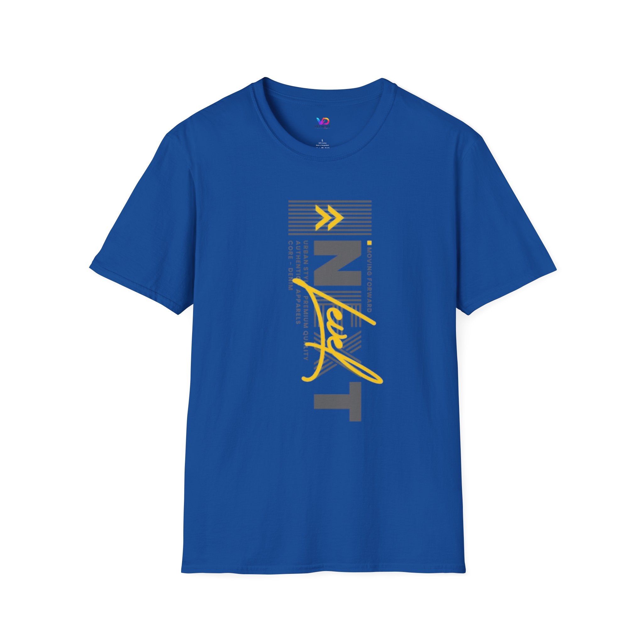 Vertical 'NEXT' Graphic T‑Shirt — Modern Yellow & Gray Streetwear Tee