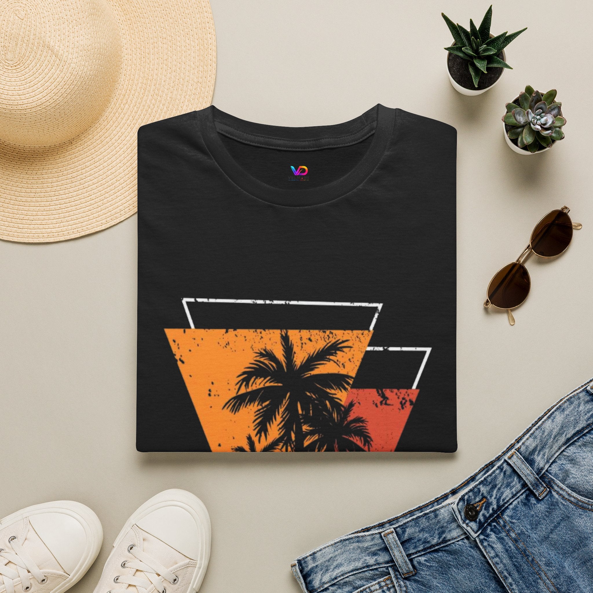 Vintage Palm Triangle T‑Shirt — Retro Sunset Beach Tee