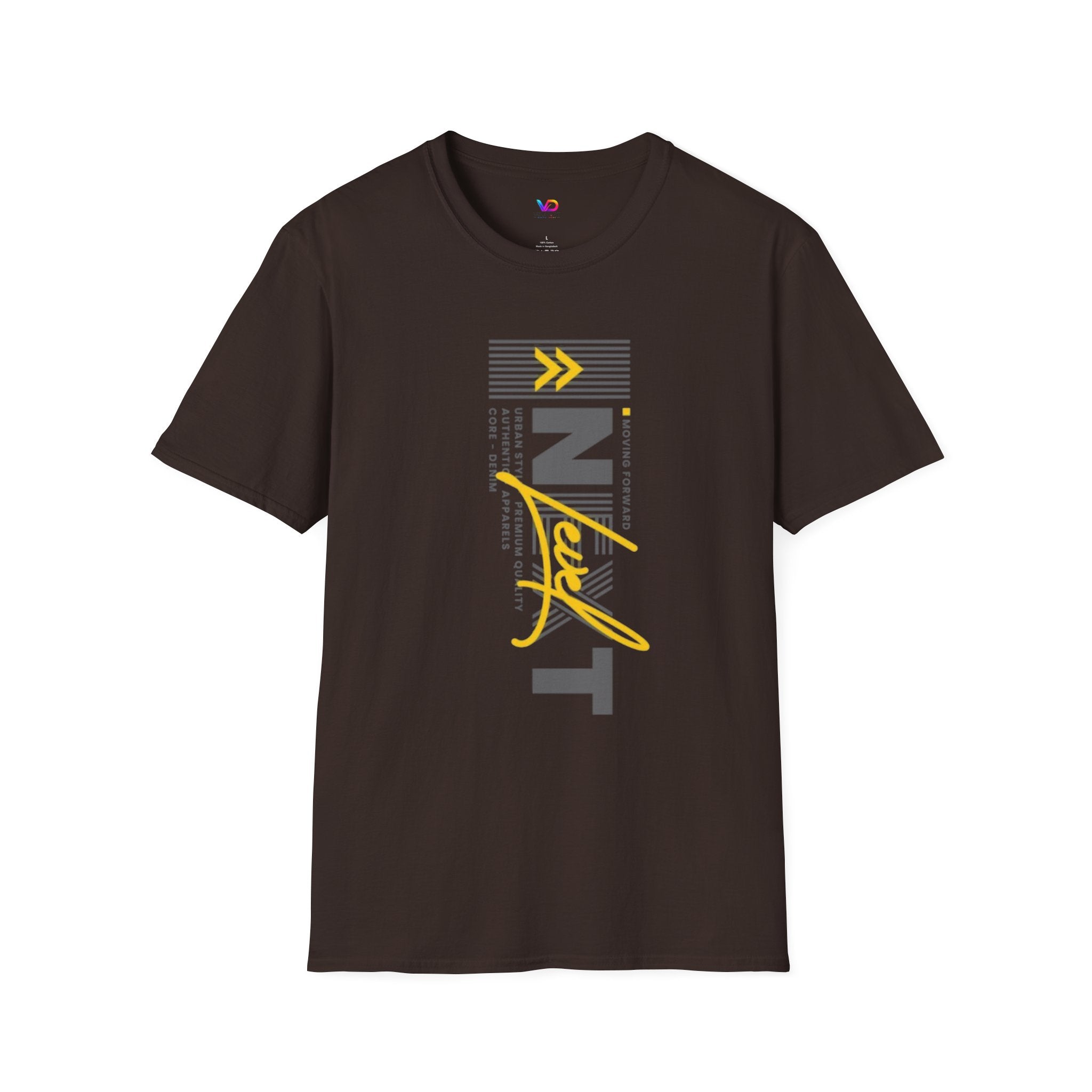 Vertical 'NEXT' Graphic T‑Shirt — Modern Yellow & Gray Streetwear Tee