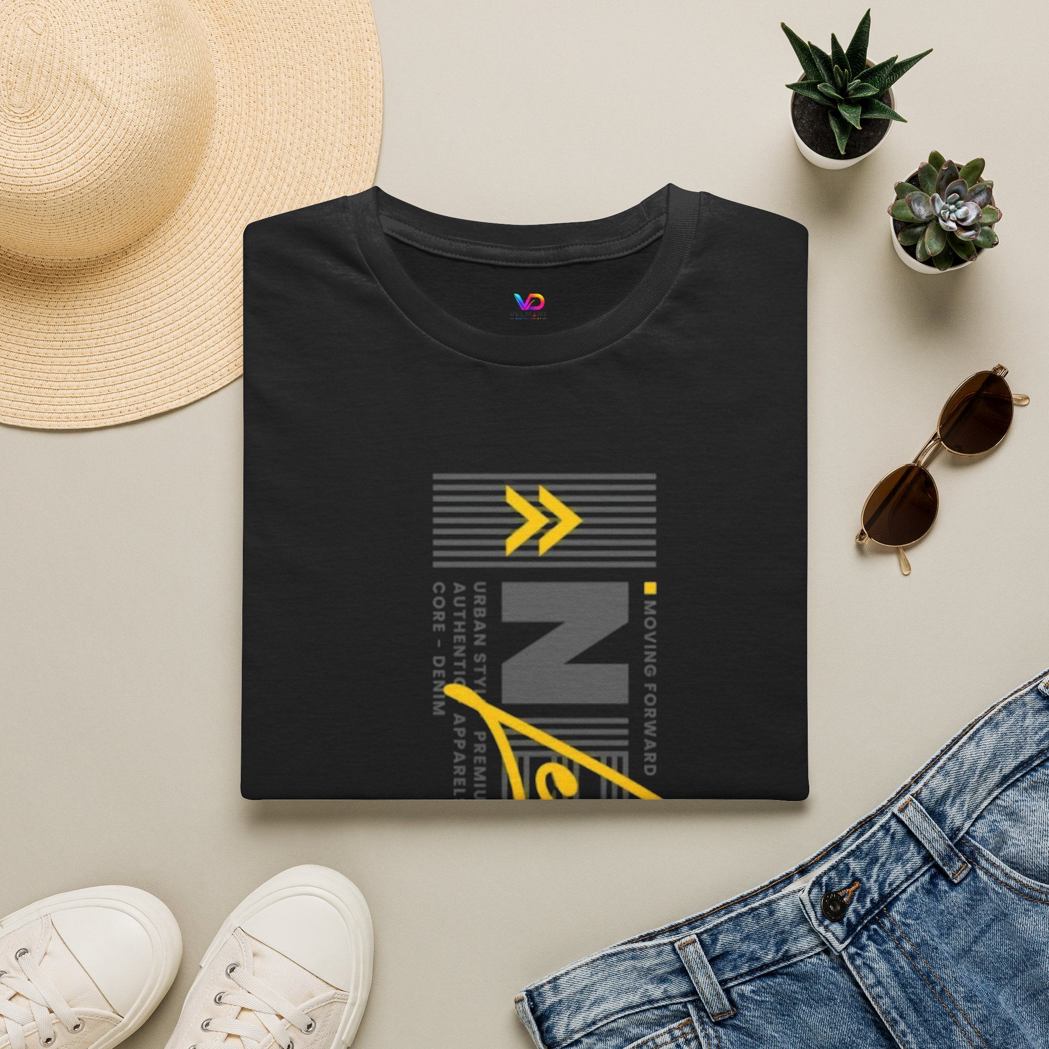 Vertical 'NEXT' Graphic T‑Shirt — Modern Yellow & Gray Streetwear Tee
