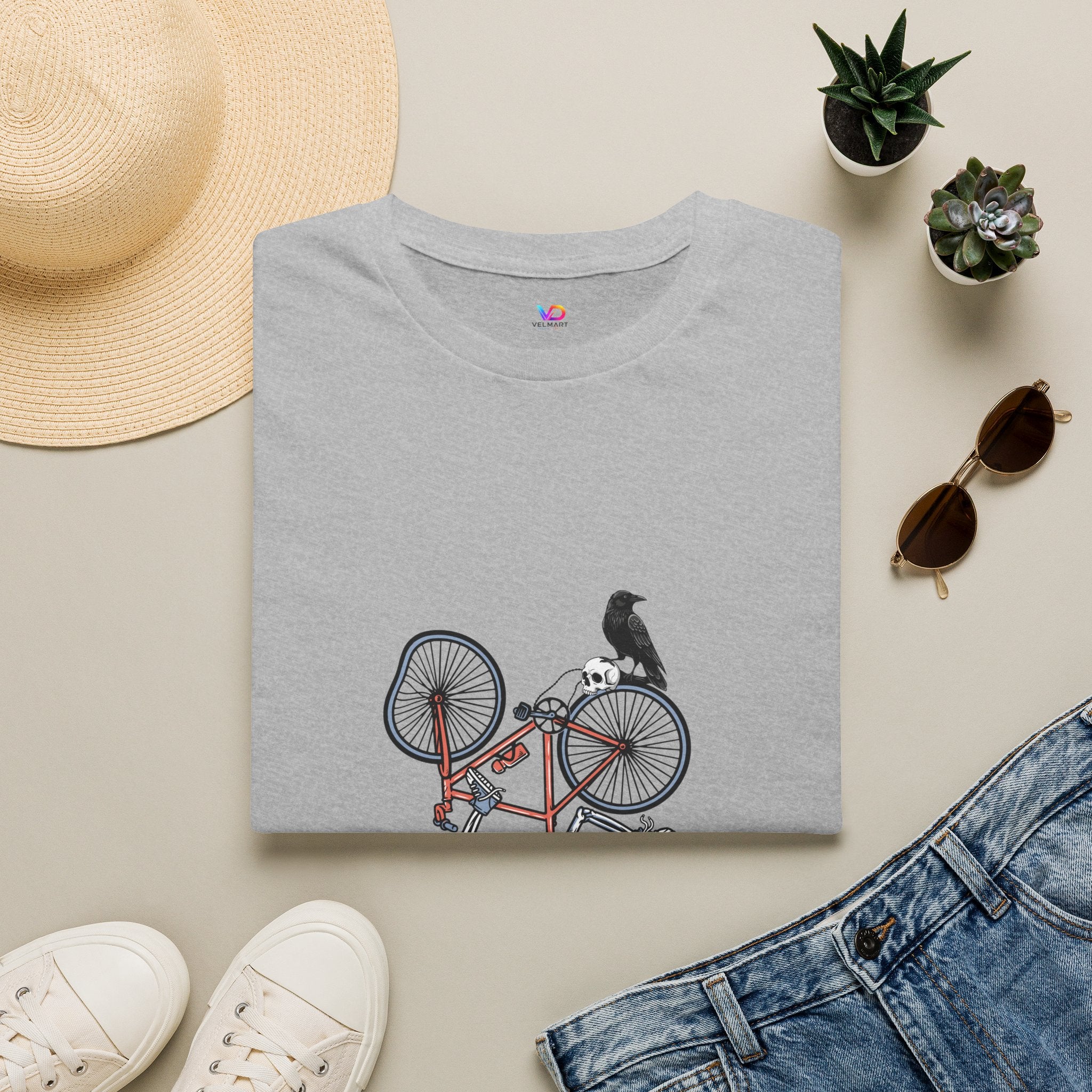 T-Shirt — Vintage Bike Crash Illustration with Crow (whimsical urban cycling tee)