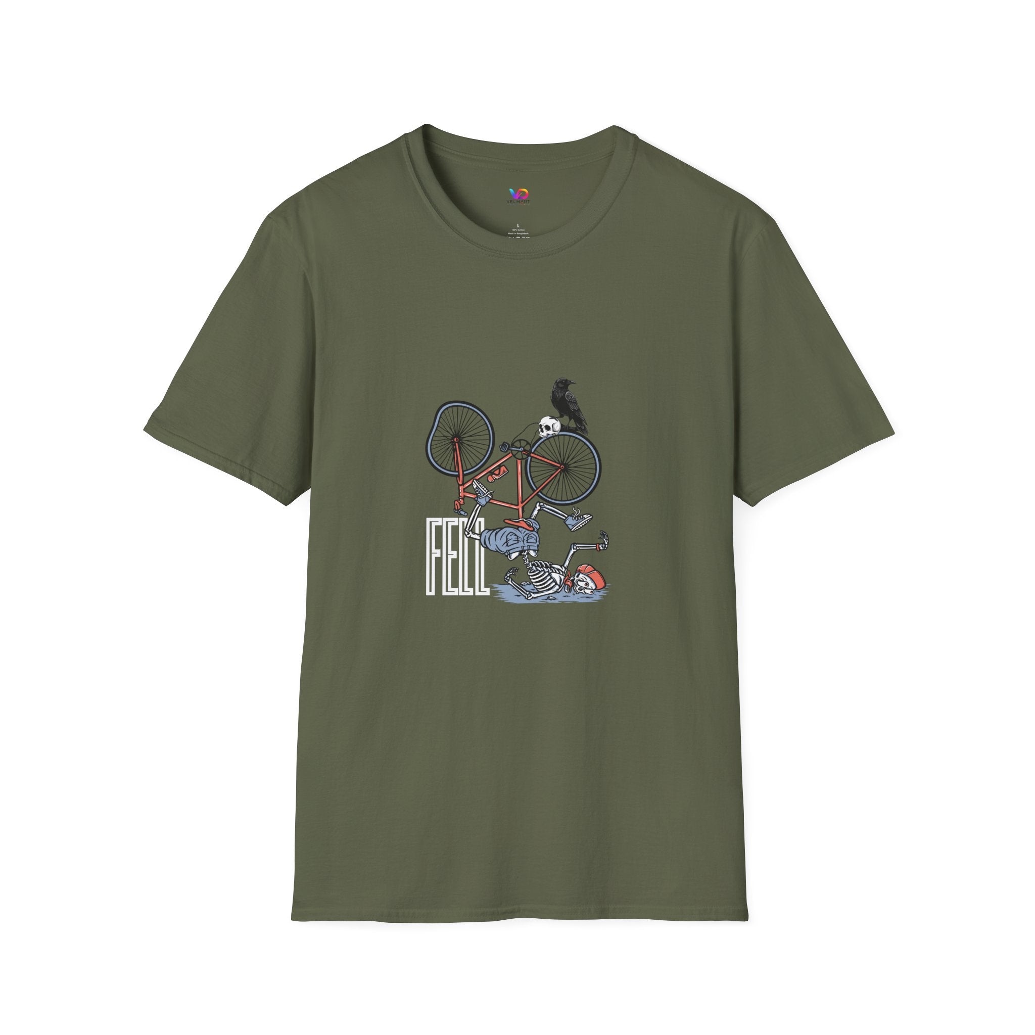 T-Shirt — Vintage Bike Crash Illustration with Crow (whimsical urban cycling tee)