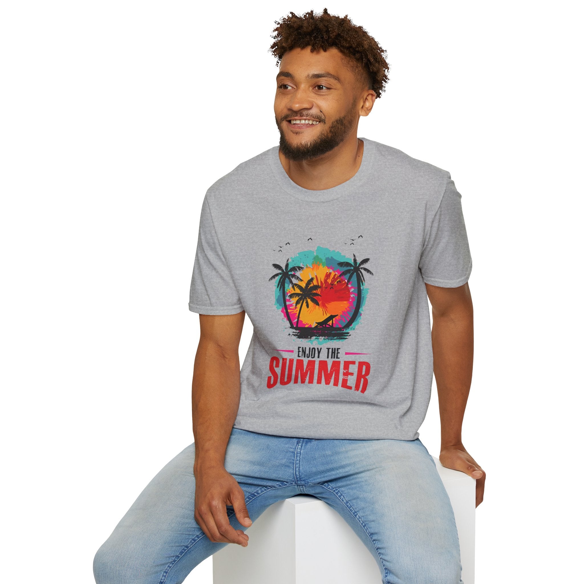 Summer Vibes T-Shirt — "Enjoy the Summer" Tropical Palm Sunset Tee