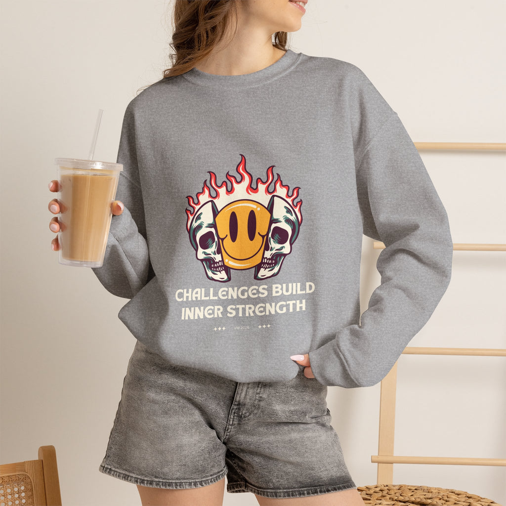 Crewneck Sweatshirt — “Challenges Build Inner Strength” Flame Smile Graphic