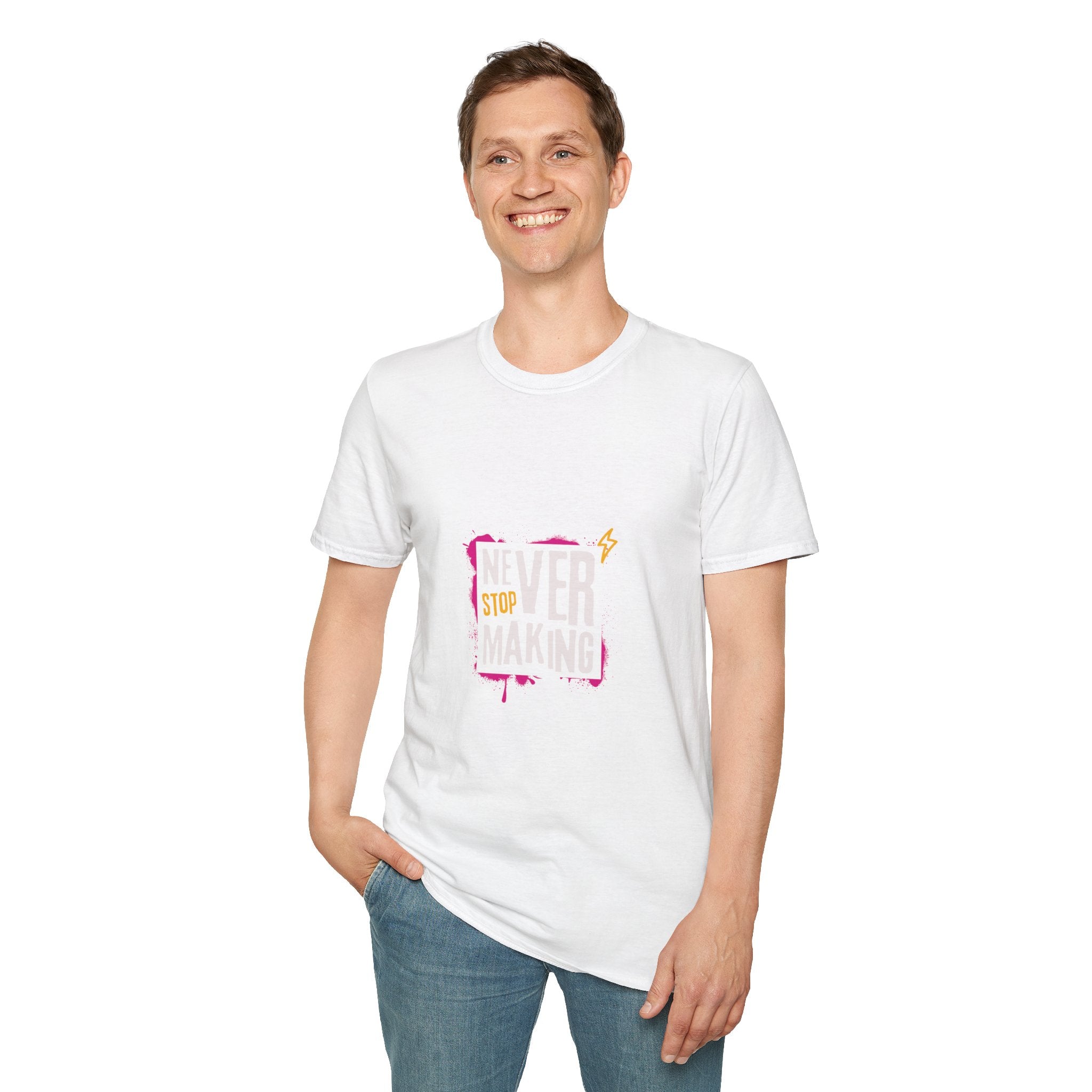 T-Shirt — "Never Stop Dreaming" Graphic Tee (Pink Brushstroke Lightning)