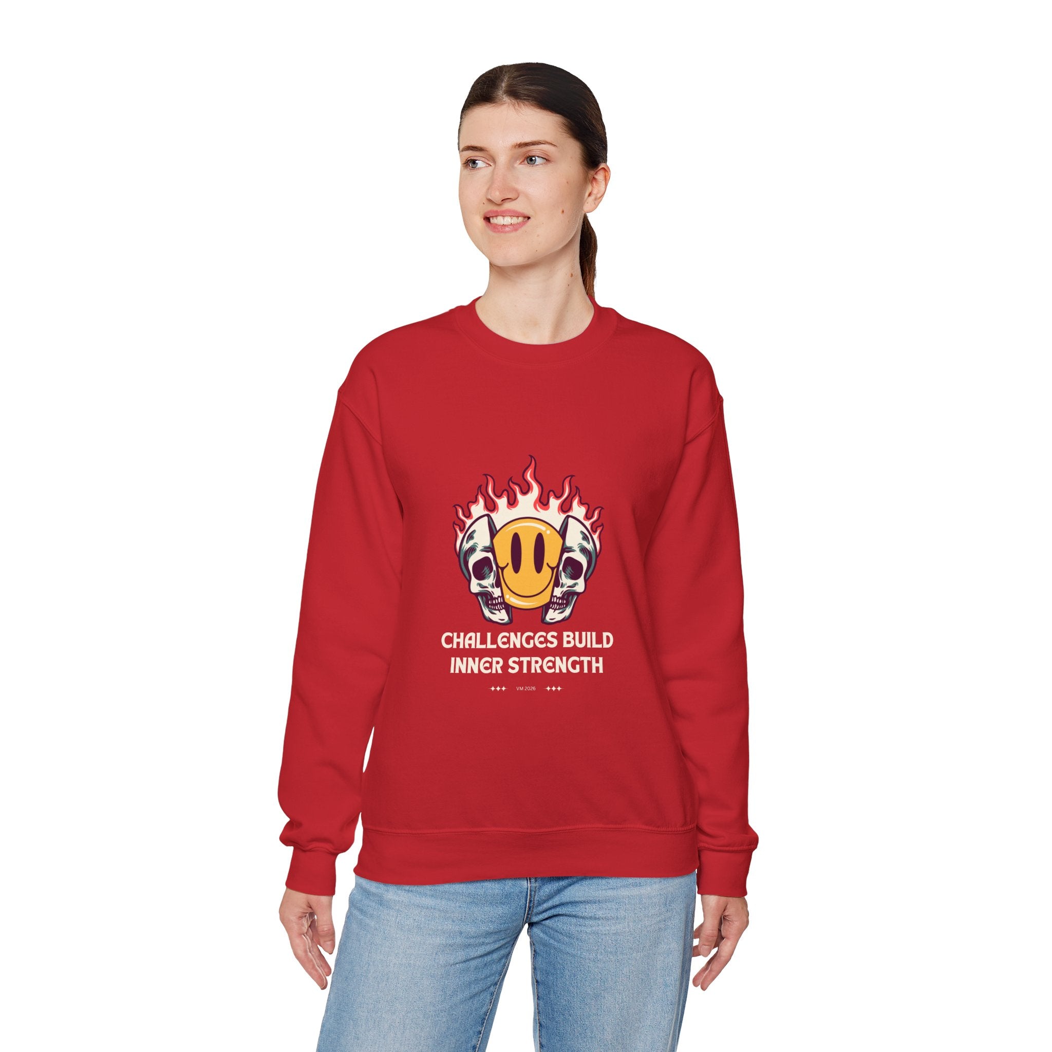 Crewneck Sweatshirt — “Challenges Build Inner Strength” Flame Smile Graphic
