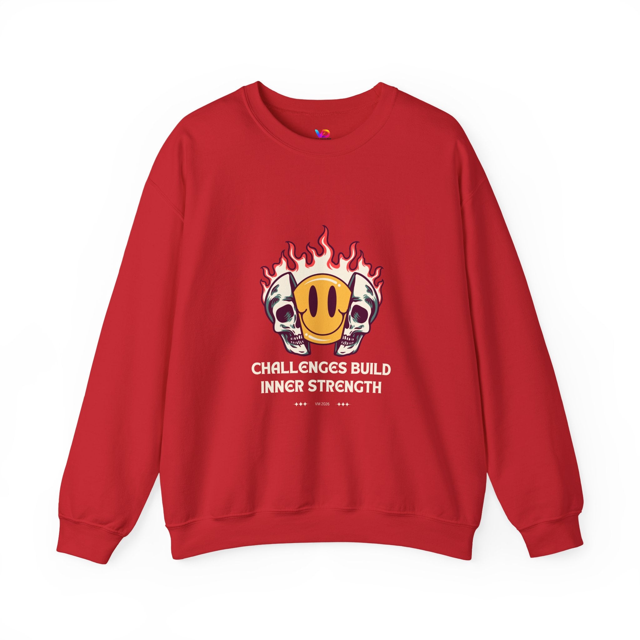Crewneck Sweatshirt — “Challenges Build Inner Strength” Flame Smile Graphic