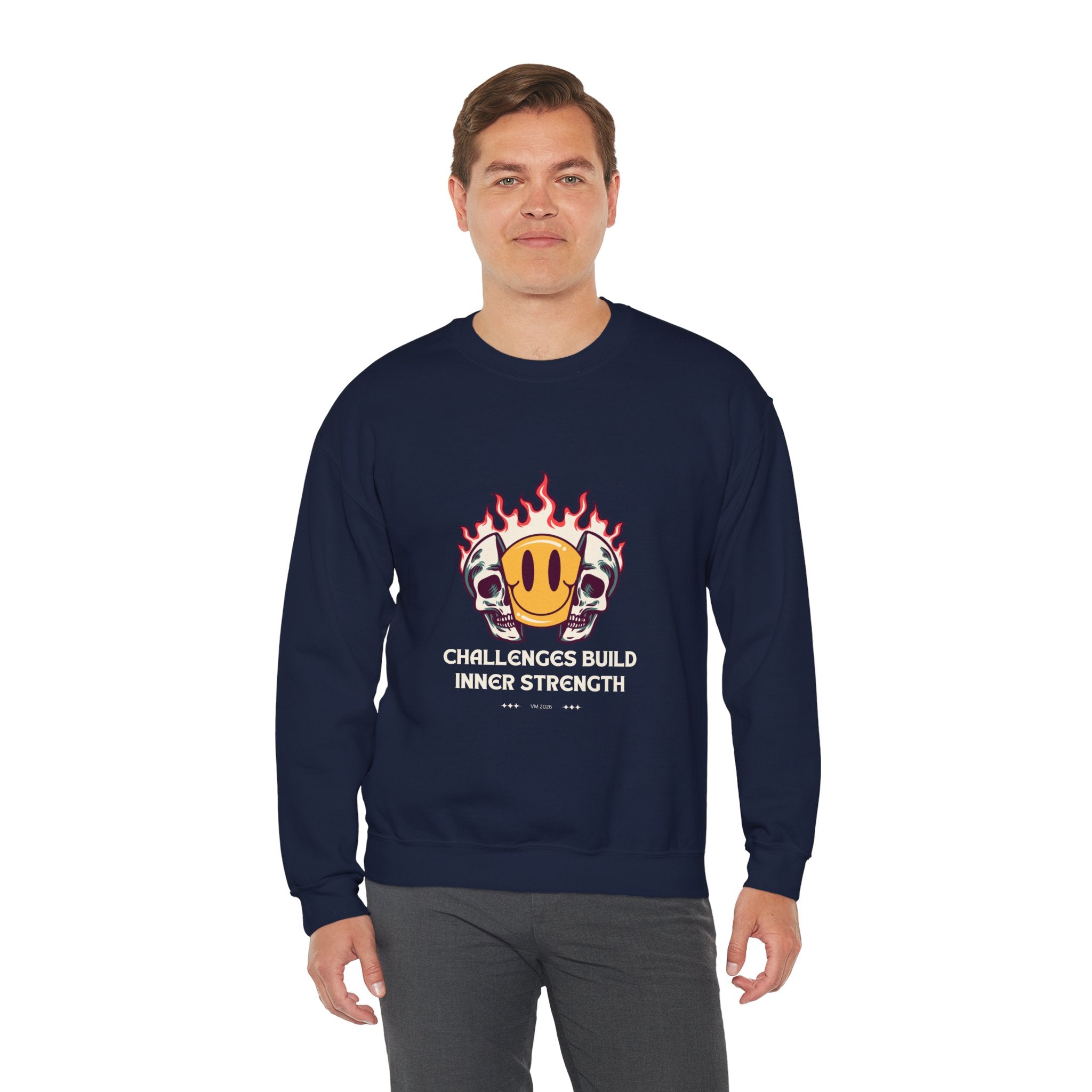 Crewneck Sweatshirt — “Challenges Build Inner Strength” Flame Smile Graphic