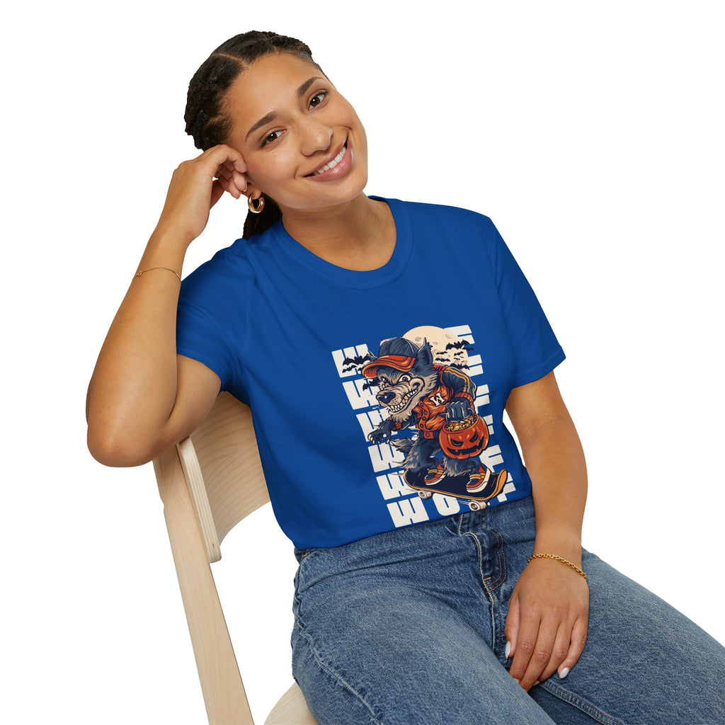 Halloween Skateboarder Skeleton T-Shirt — Spooky Pumpkin & Bats Graphic Tee