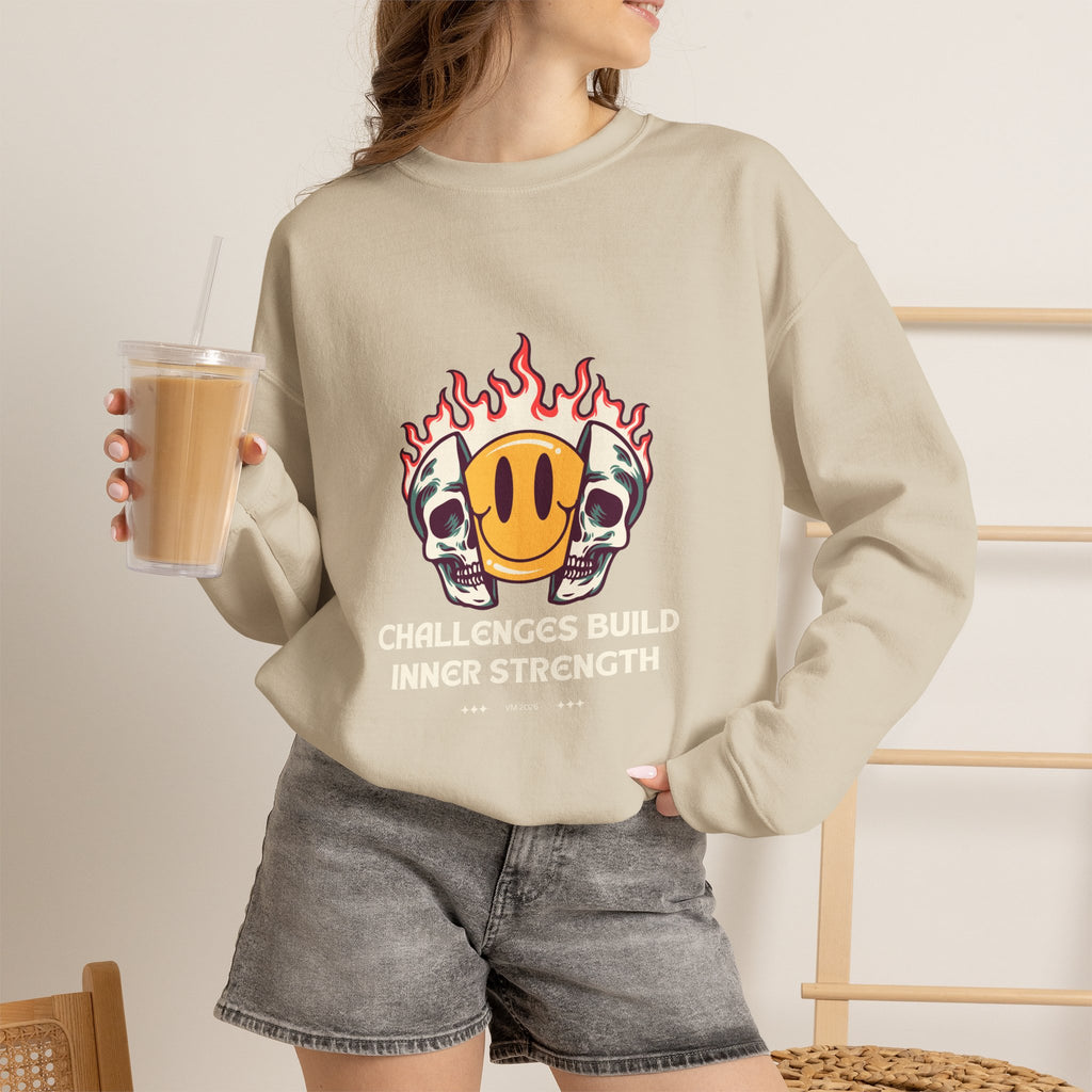 Crewneck Sweatshirt — “Challenges Build Inner Strength” Flame Smile Graphic