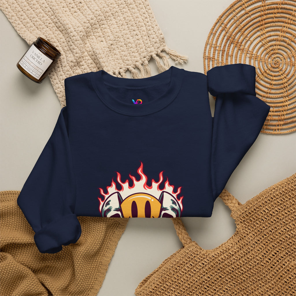 Crewneck Sweatshirt — “Challenges Build Inner Strength” Flame Smile Graphic