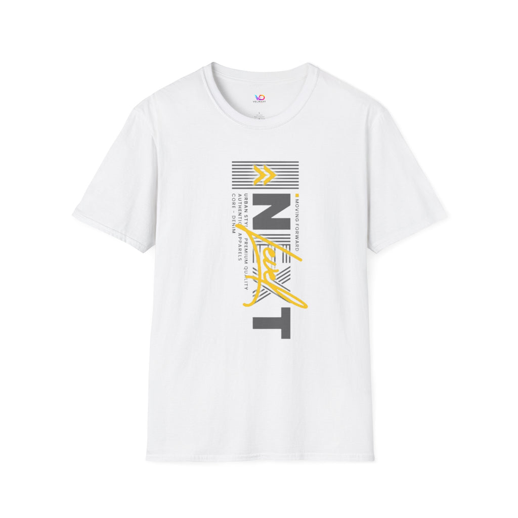 Vertical 'NEXT' Graphic T‑Shirt — Modern Yellow & Gray Streetwear Tee