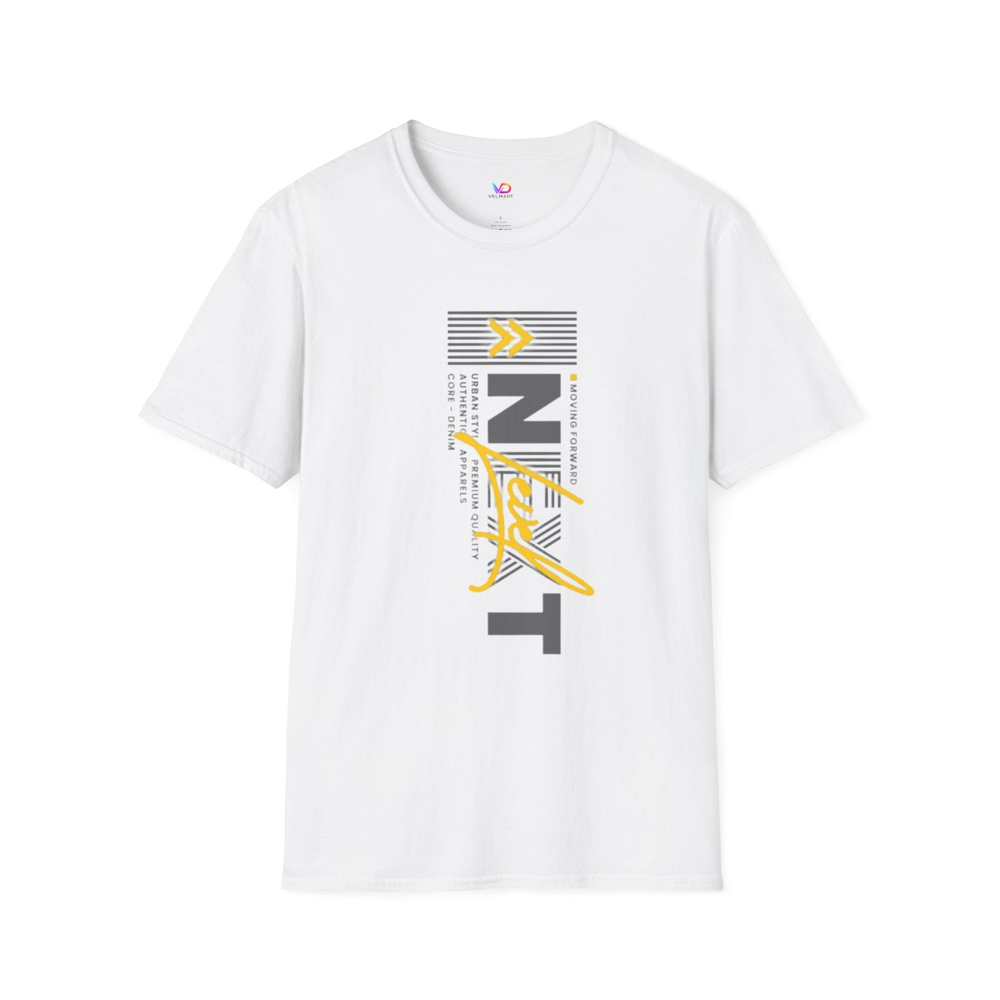 Vertical 'NEXT' Graphic T‑Shirt — Modern Yellow & Gray Streetwear Tee