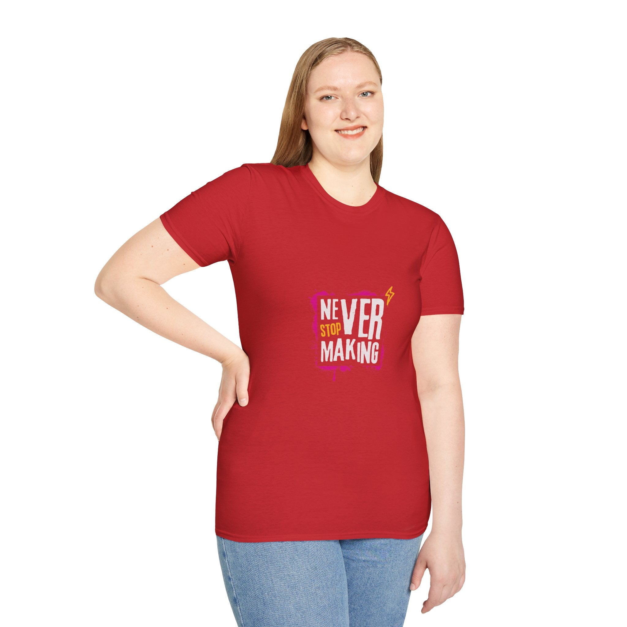 T-Shirt — "Never Stop Dreaming" Graphic Tee (Pink Brushstroke Lightning)