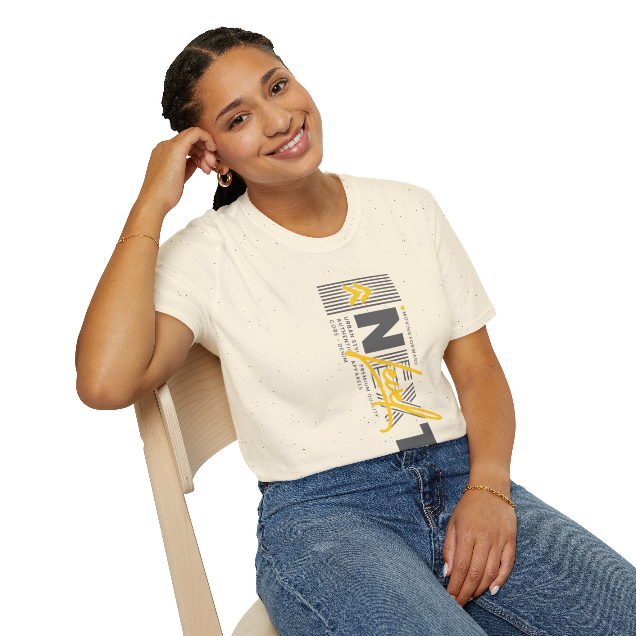 Vertical 'NEXT' Graphic T‑Shirt — Modern Yellow & Gray Streetwear Tee